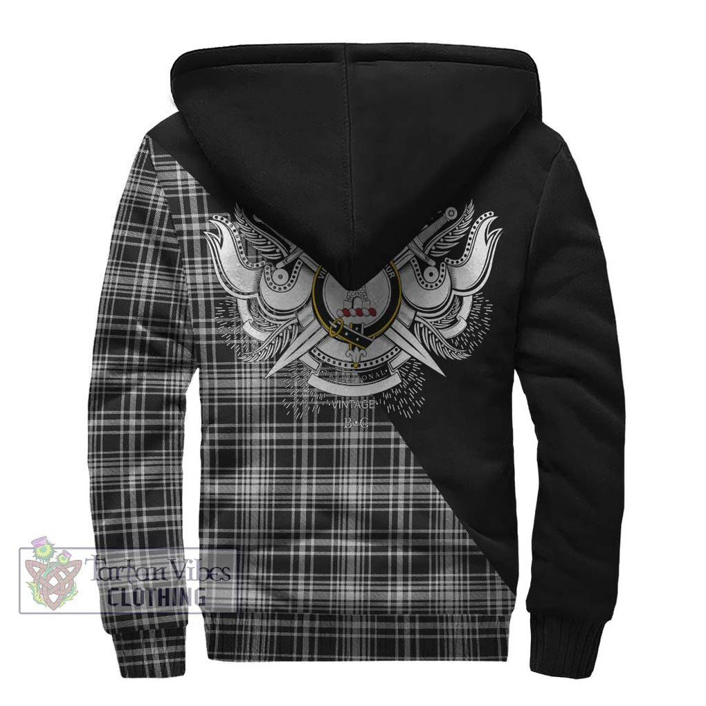 MacLean Black and White Tartan Sherpa Hoodie with Family Crest and Military Logo Style - Tartanvibesclothing Shop