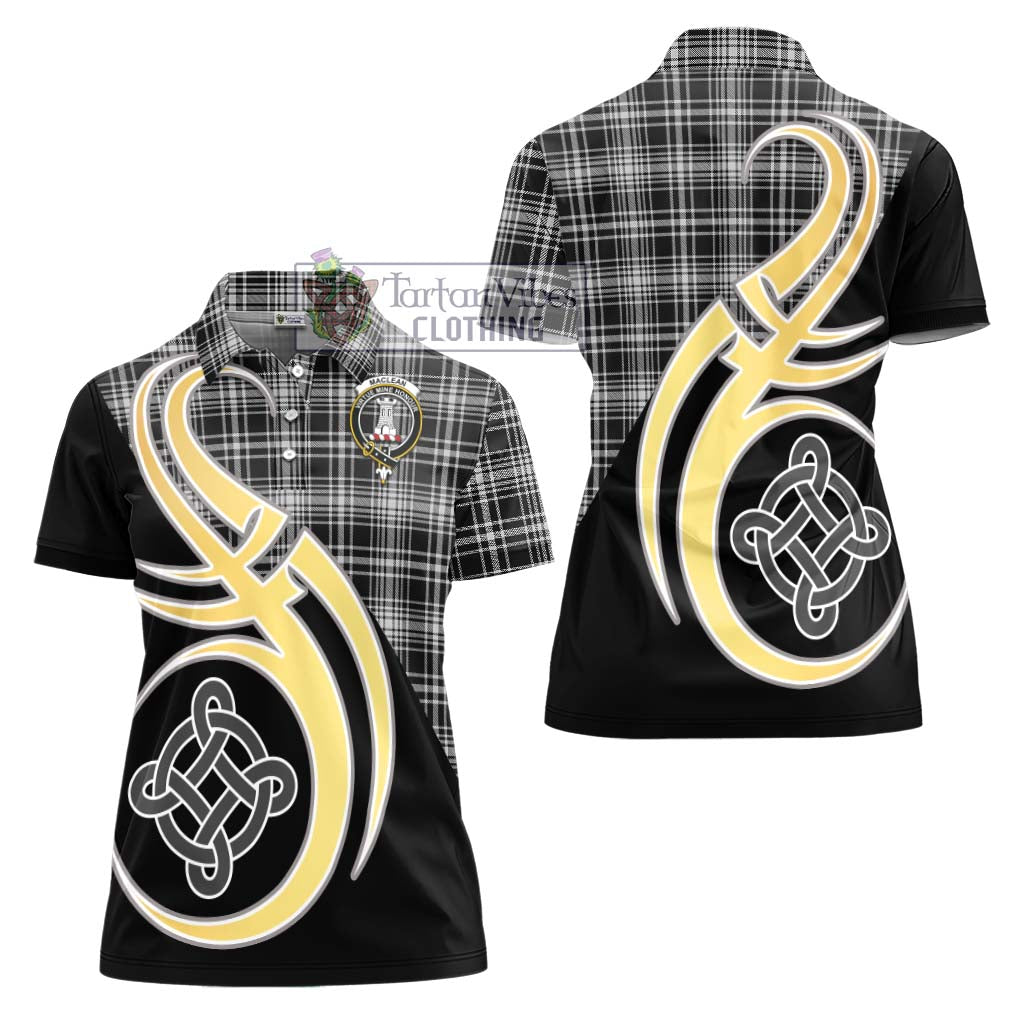 MacLean Black and White Tartan Women's Polo Shirt with Family Crest and Celtic Symbol Style - Tartan Vibes Clothing