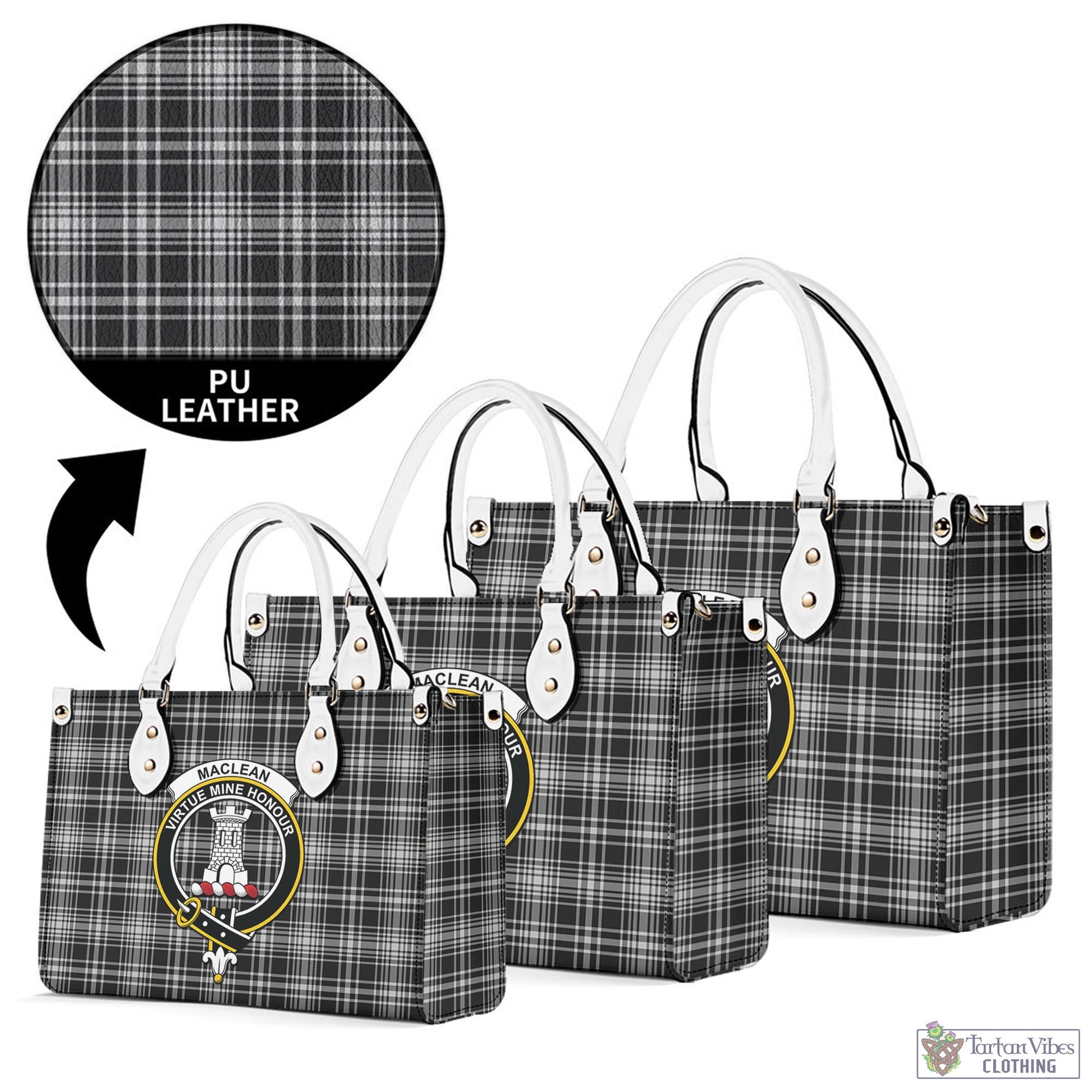 Tartan Vibes Clothing MacLean Black and White Tartan Luxury Leather Handbags with Family Crest