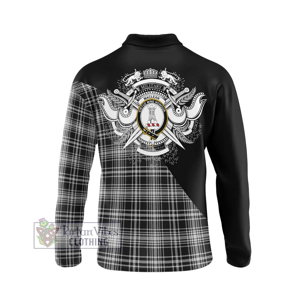 MacLean Black and White Tartan Long Sleeve Polo Shirt with Family Crest and Military Logo Style - Tartanvibesclothing Shop