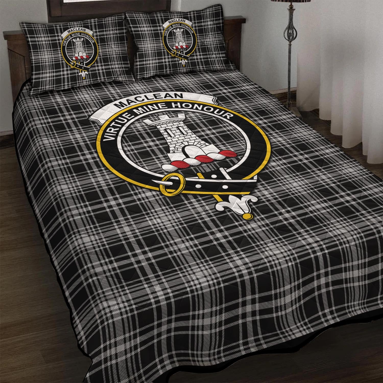 MacLean Black and White Tartan Quilt Bed Set with Family Crest - Tartan Vibes Clothing