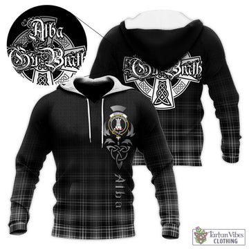 MacLean Black and White Tartan Knitted Hoodie Featuring Alba Gu Brath Family Crest Celtic Inspired