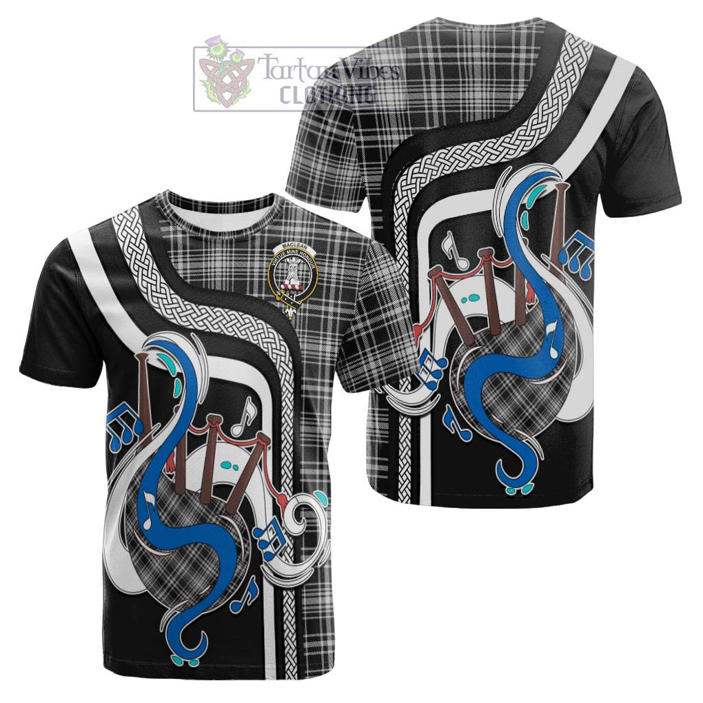 Tartan Vibes Clothing MacLean Black and White Tartan Cotton T-shirt with Epic Bagpipe Style