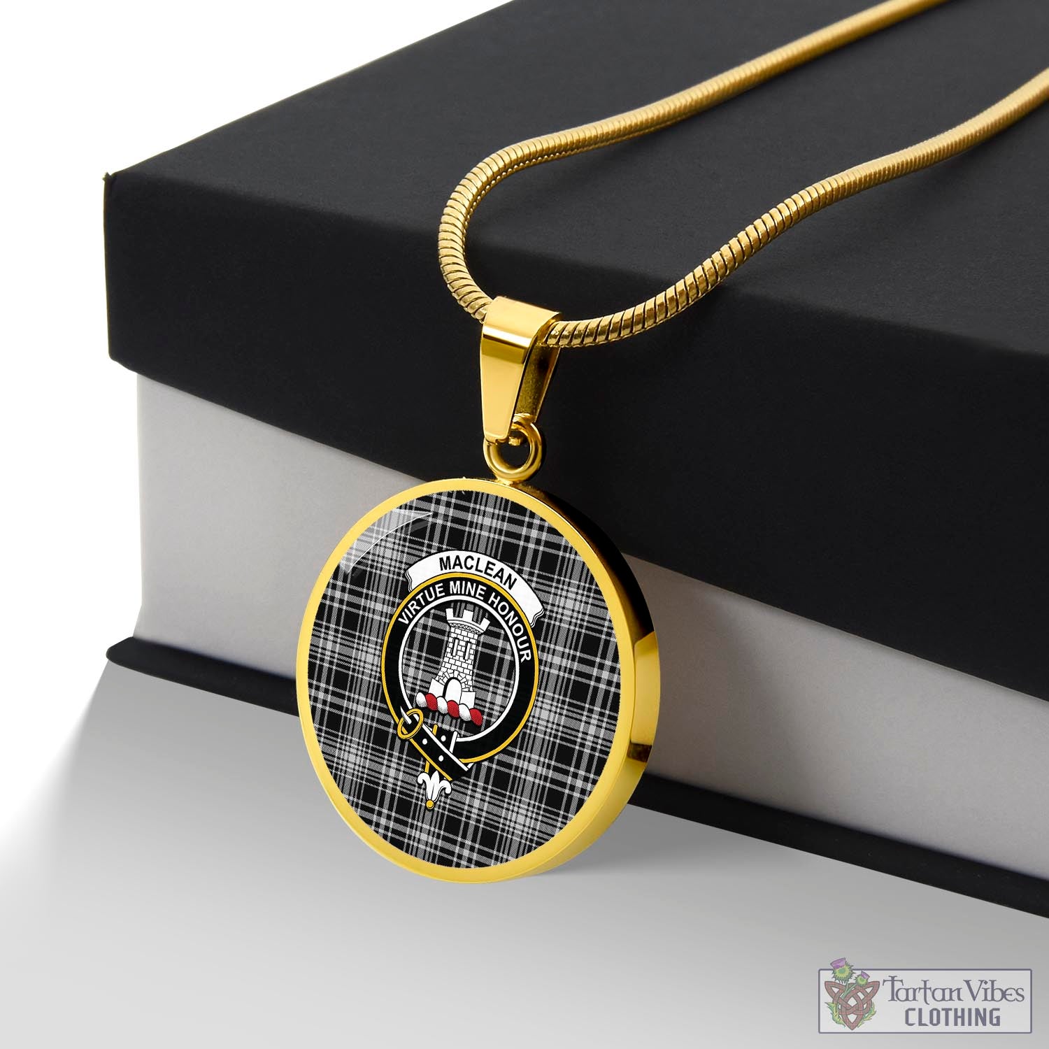 Tartan Vibes Clothing MacLean Black and White Tartan Circle Necklace with Family Crest