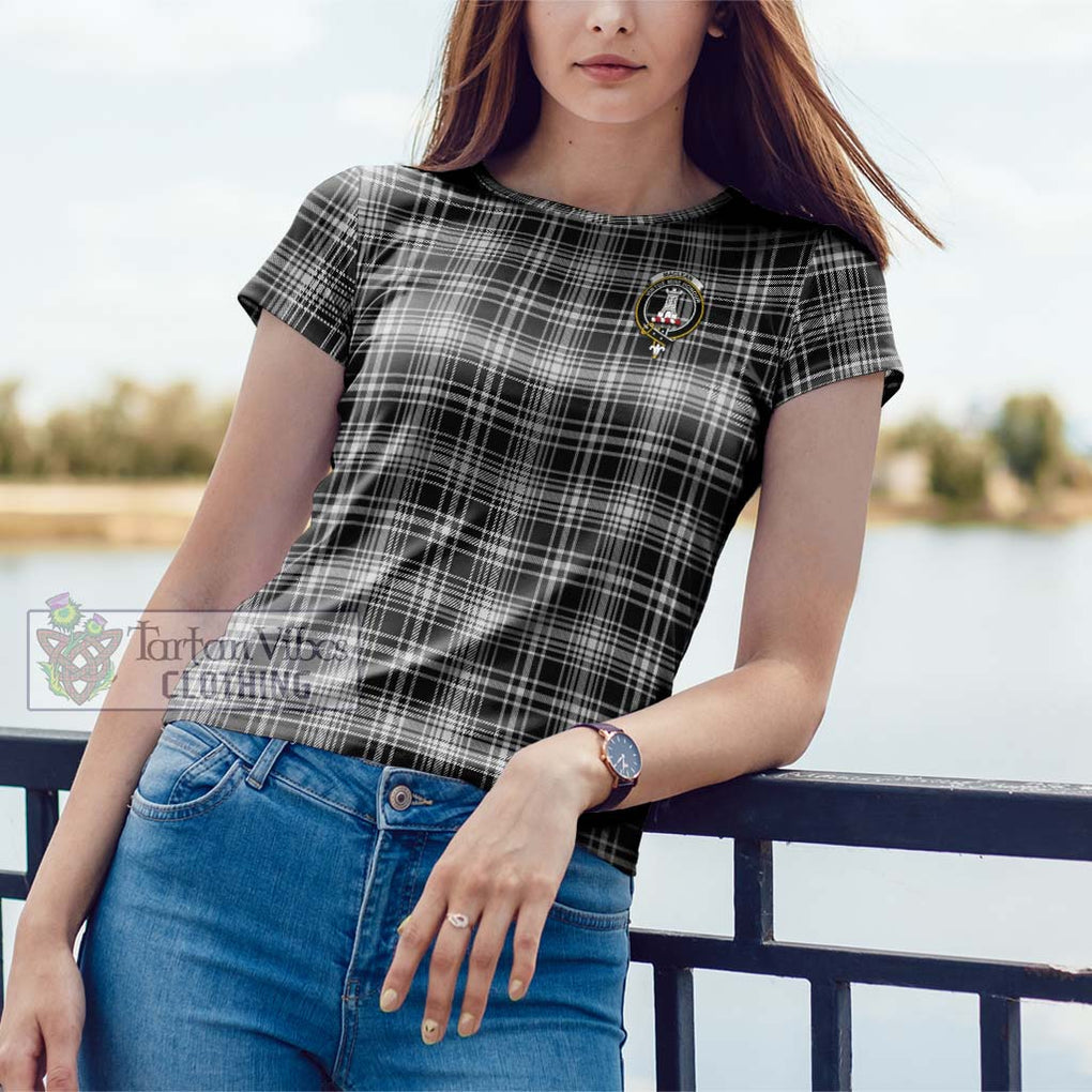 MacLean Black and White Tartan Cotton T-Shirt with Family Crest Women's Shirt - Tartanvibesclothing Shop