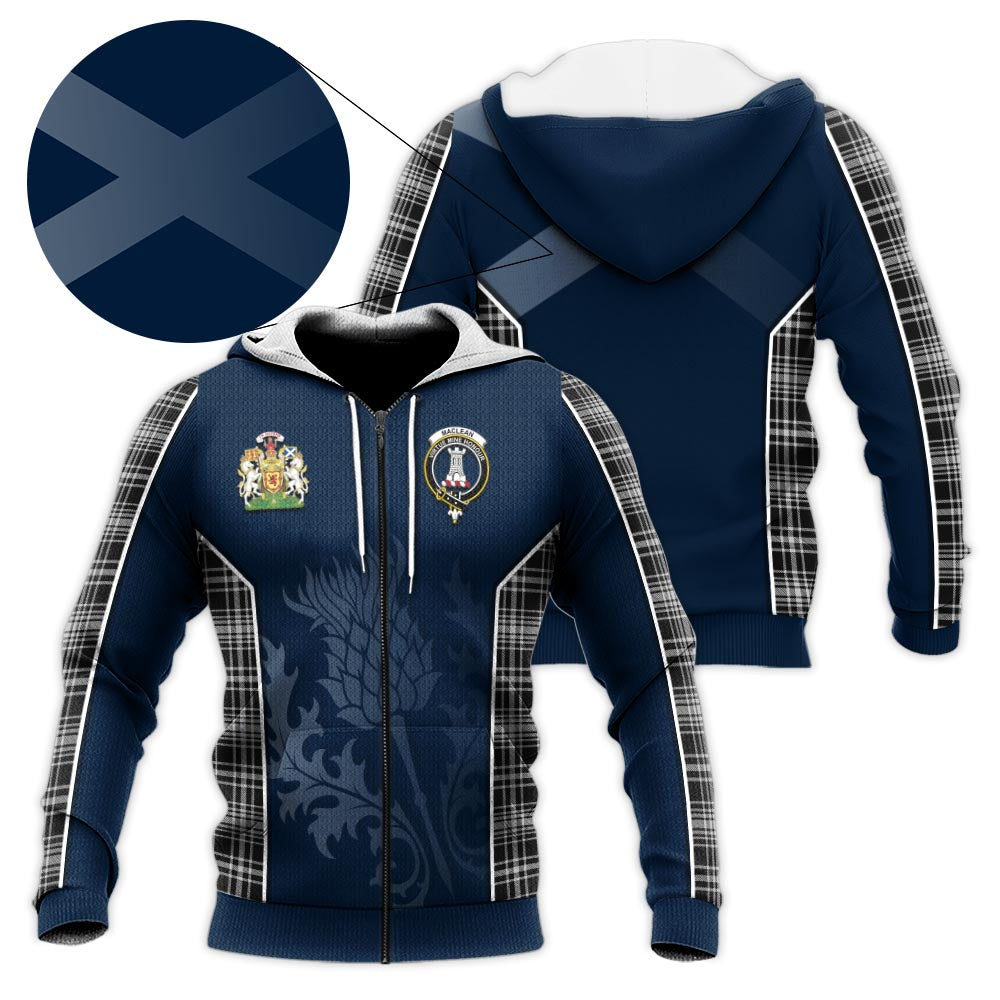 Tartan Vibes Clothing MacLean Black and White Tartan Knitted Hoodie with Family Crest and Scottish Thistle Vibes Sport Style