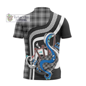 MacLean Black and White Tartan Zipper Polo Shirt with Epic Bagpipe Style