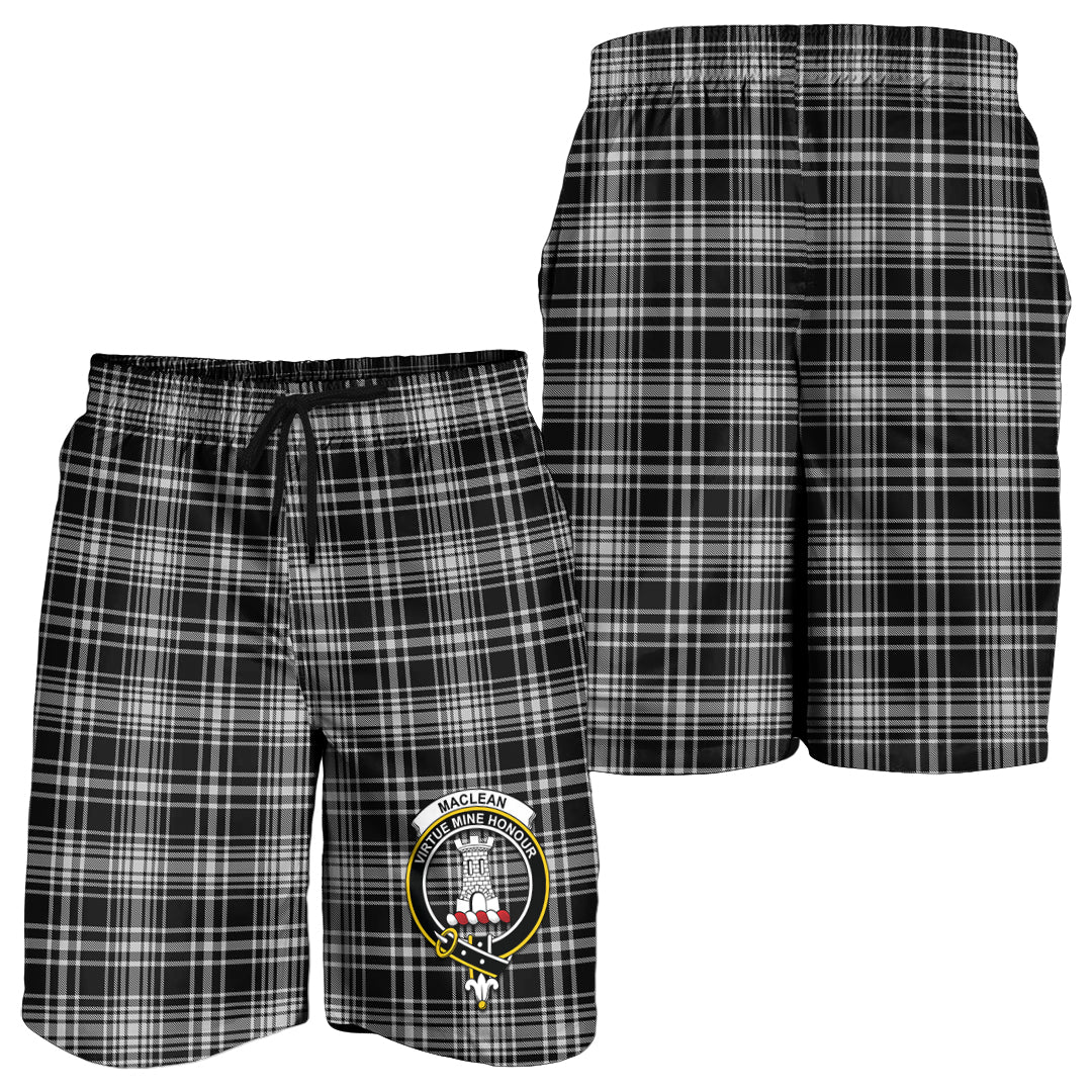 MacLean Black and White Tartan Mens Shorts with Family Crest