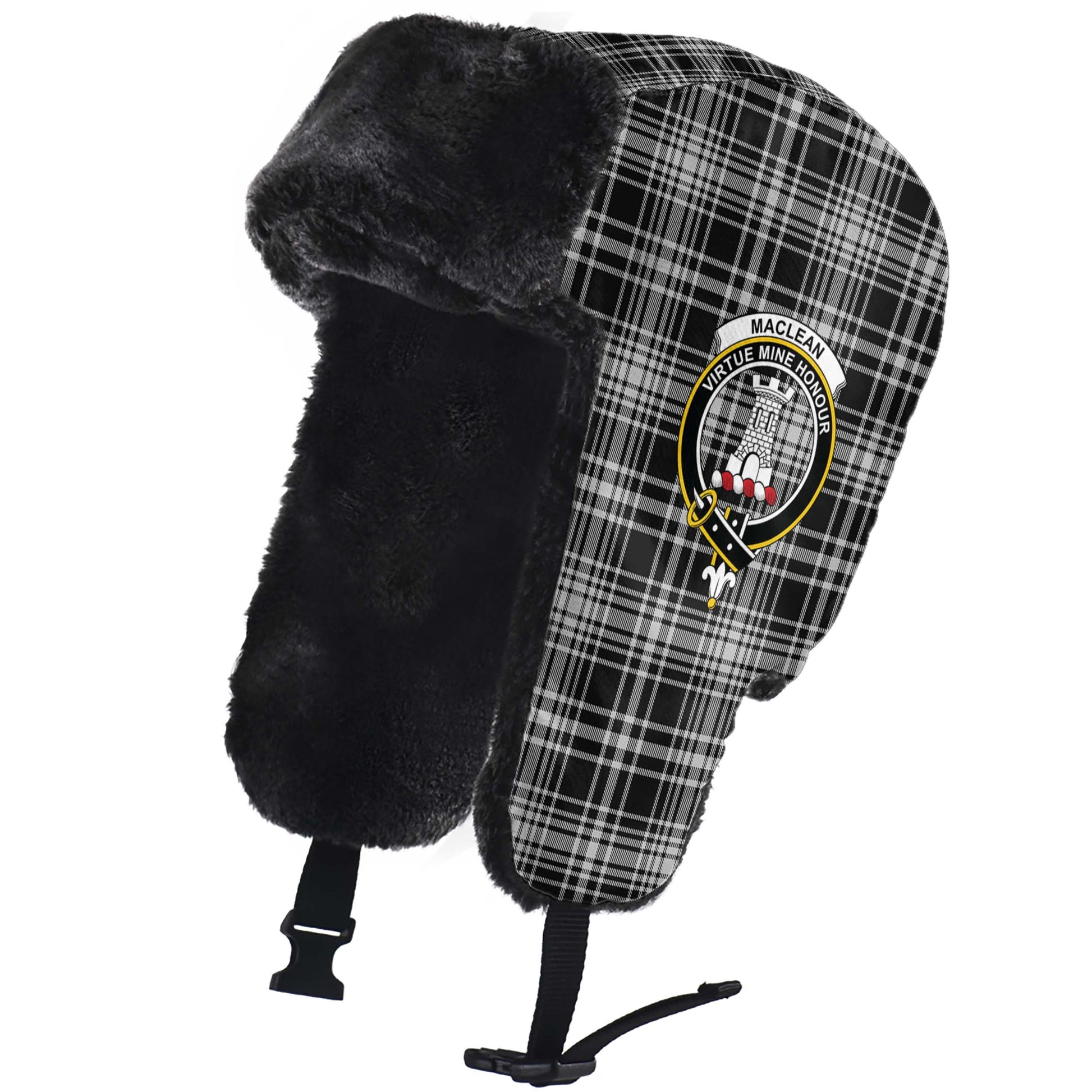 MacLean Black and White Tartan Winter Trapper Hat with Family Crest - Tartanvibesclothing