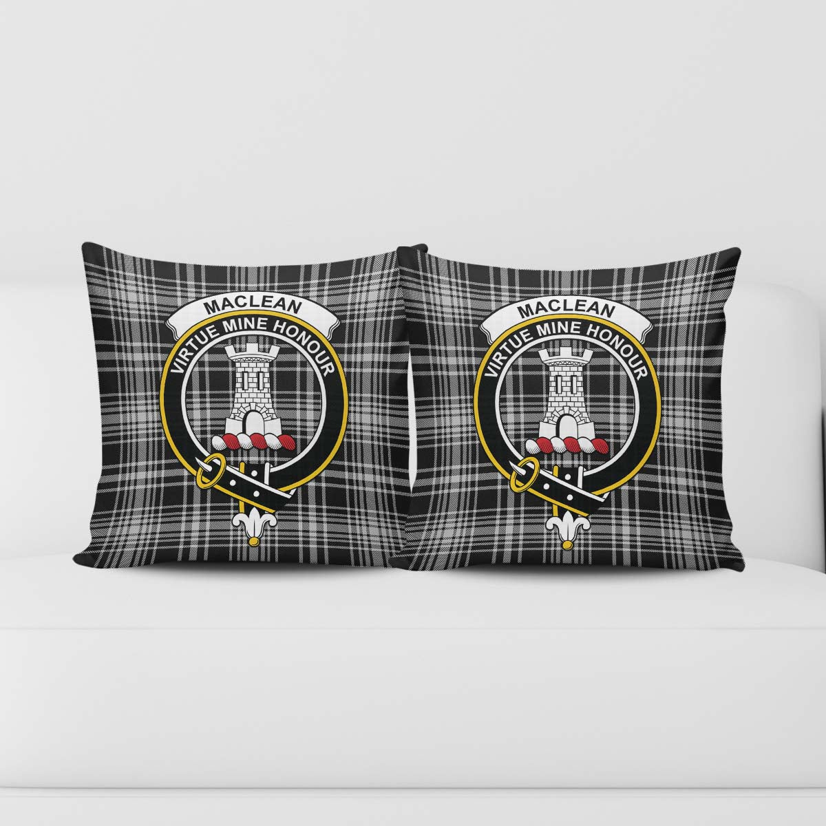 MacLean Black and White Tartan Pillow Cover with Family Crest - Tartanvibesclothing