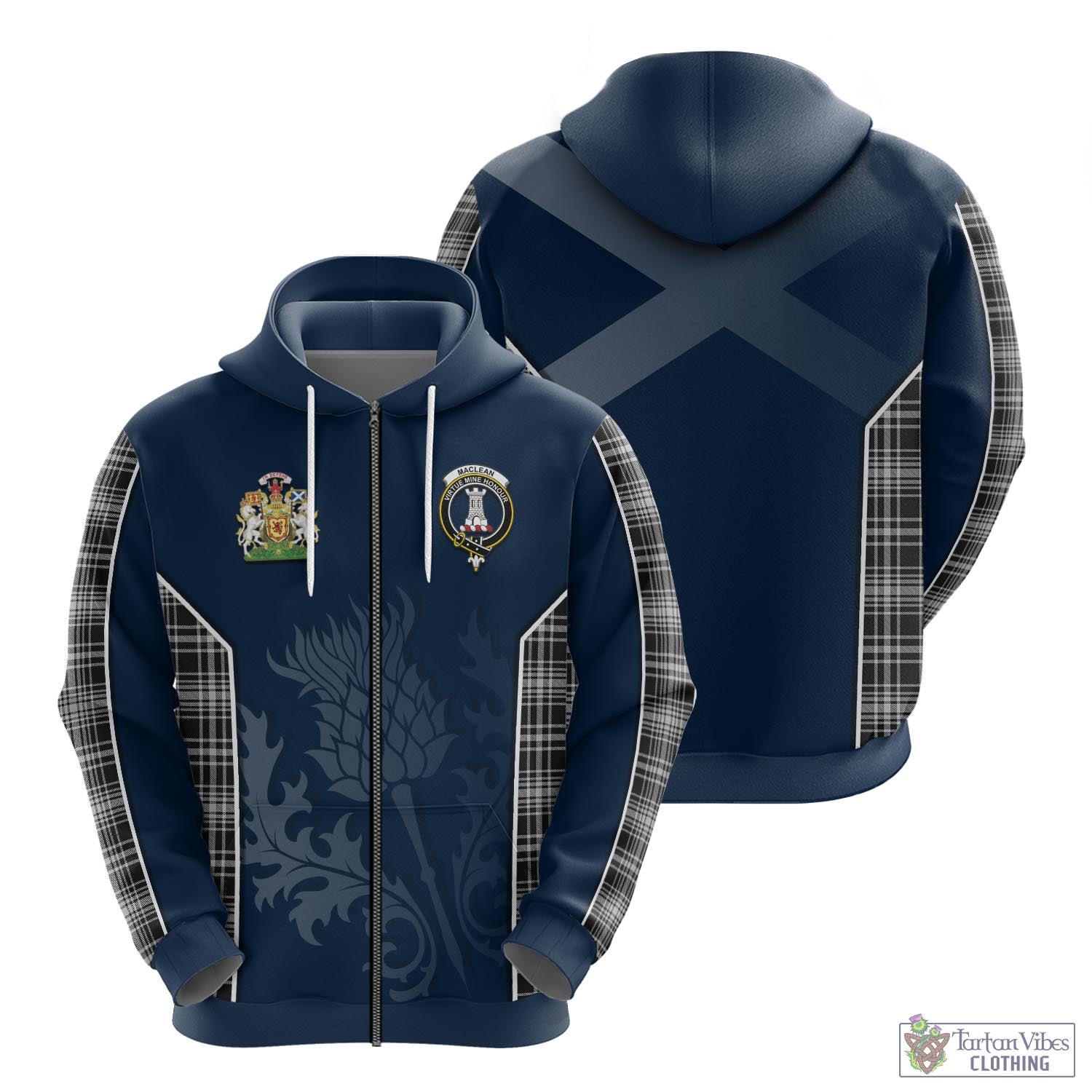 Tartan Vibes Clothing MacLean Black and White Tartan Hoodie with Family Crest and Scottish Thistle Vibes Sport Style