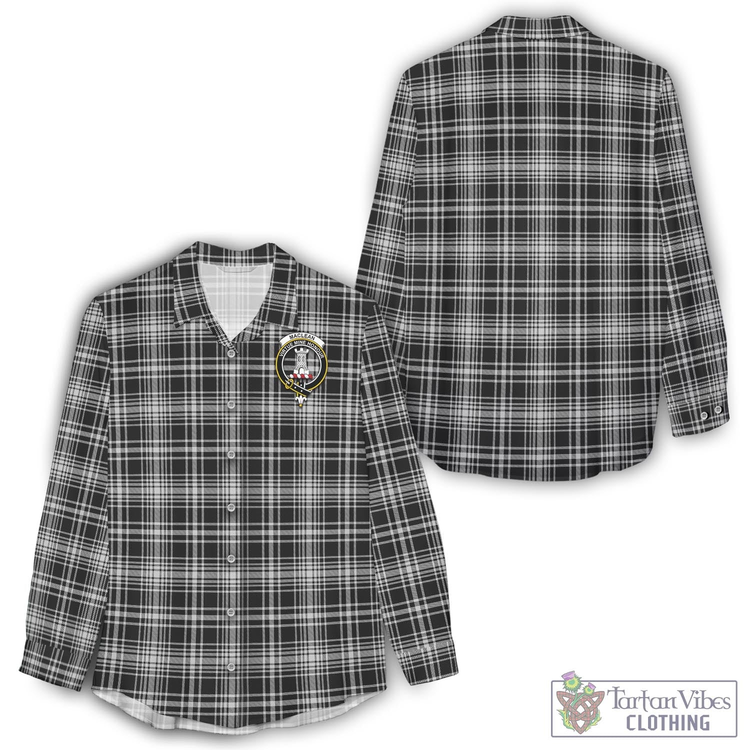 Tartan Vibes Clothing MacLean Black and White Tartan Womens Casual Shirt with Family Crest