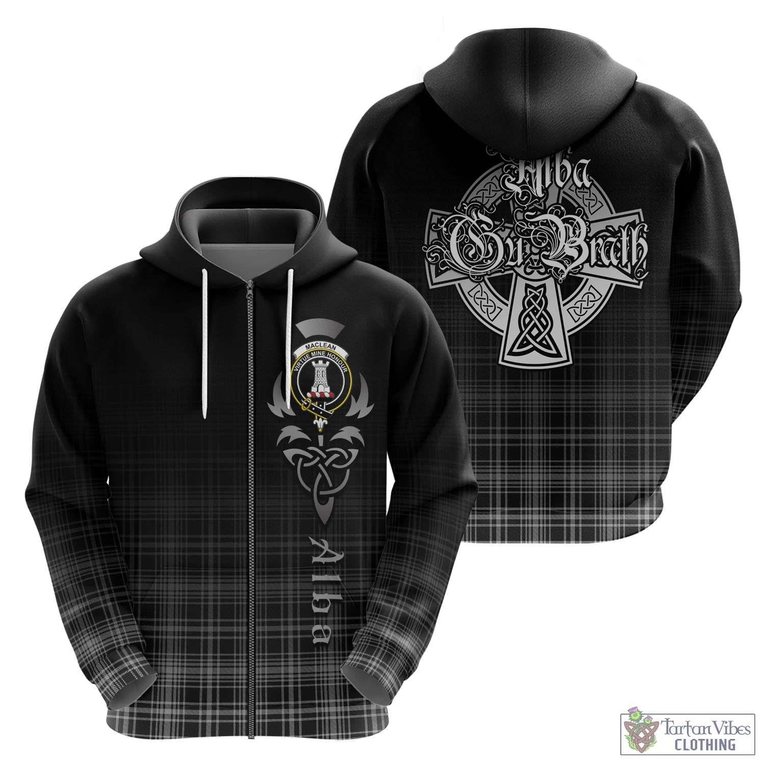 Tartan Vibes Clothing MacLean Black and White Tartan Hoodie Featuring Alba Gu Brath Family Crest Celtic Inspired