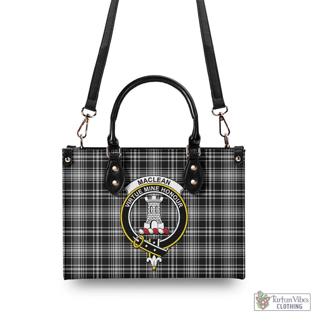 Tartan Vibes Clothing MacLean Black and White Tartan Luxury Leather Handbags with Family Crest