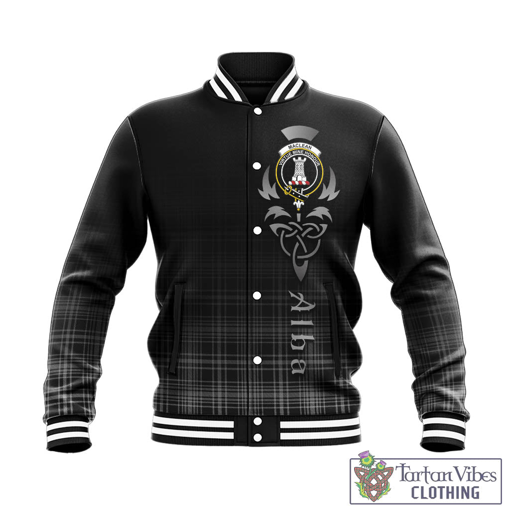 Tartan Vibes Clothing MacLean Black and White Tartan Baseball Jacket Featuring Alba Gu Brath Family Crest Celtic Inspired