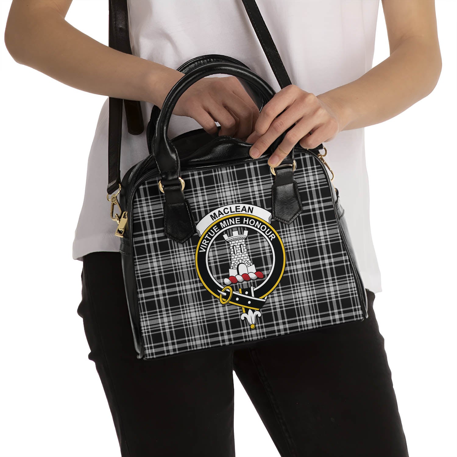 MacLean Black and White Tartan Shoulder Handbags with Family Crest - Tartanvibesclothing