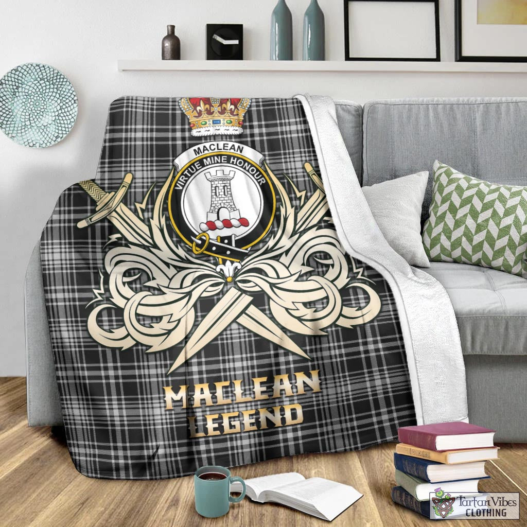 Tartan Vibes Clothing MacLean Black and White Tartan Blanket with Clan Crest and the Golden Sword of Courageous Legacy