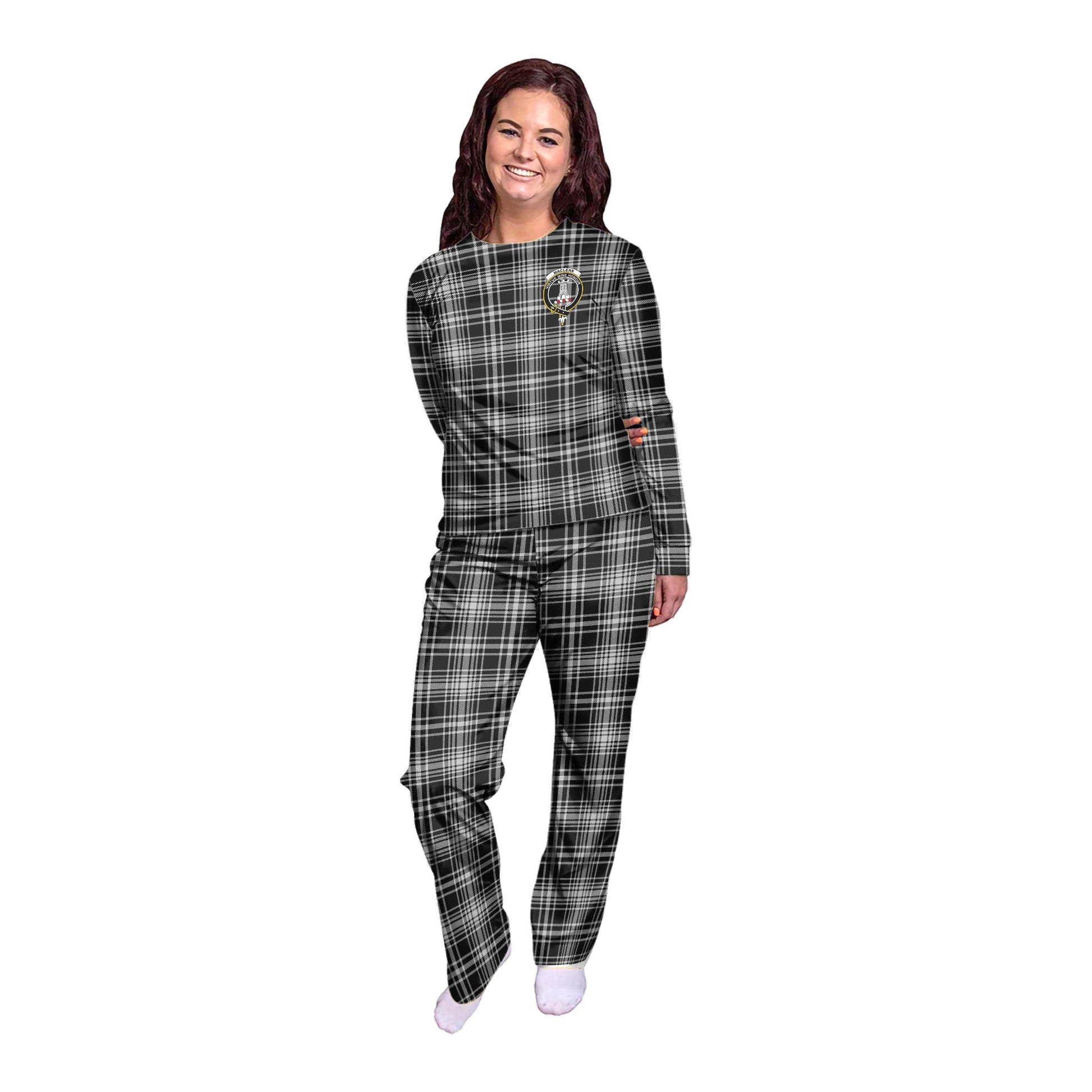 MacLean Black and White Tartan Pajamas Family Set with Family Crest - Tartanvibesclothing