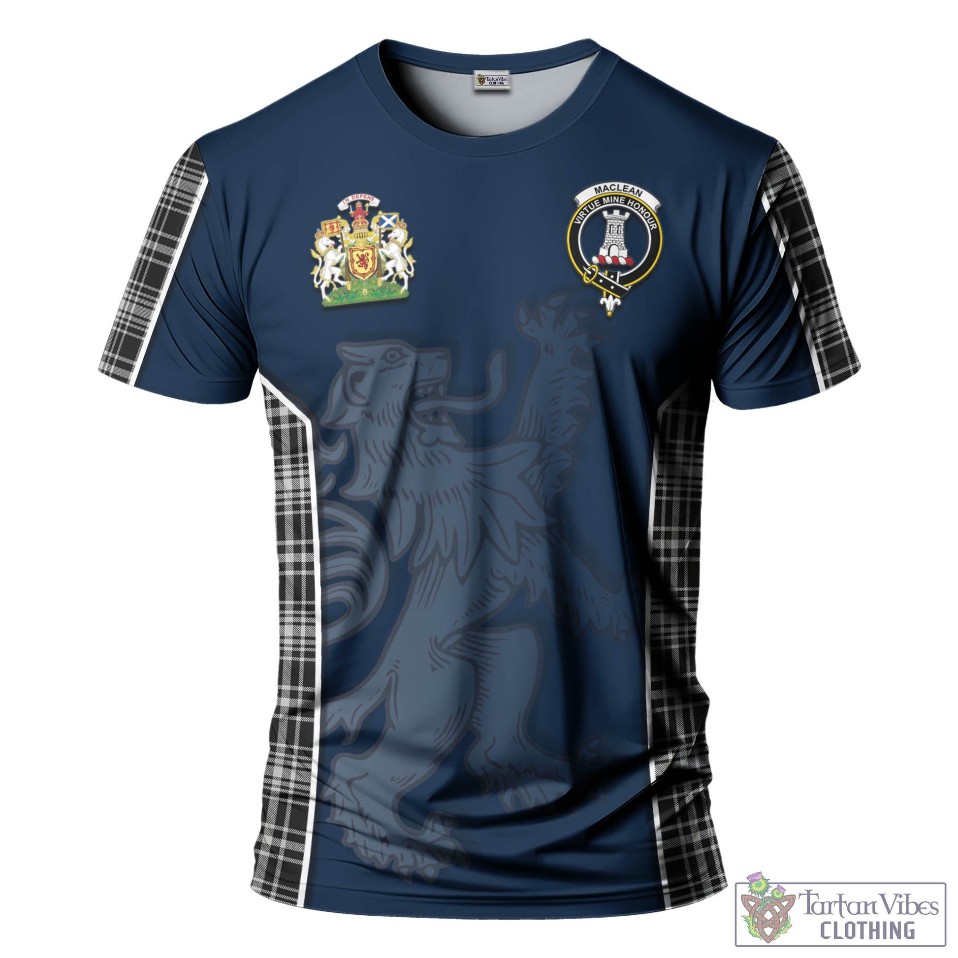 Tartan Vibes Clothing MacLean Black and White Tartan T-Shirt with Family Crest and Lion Rampant Vibes Sport Style