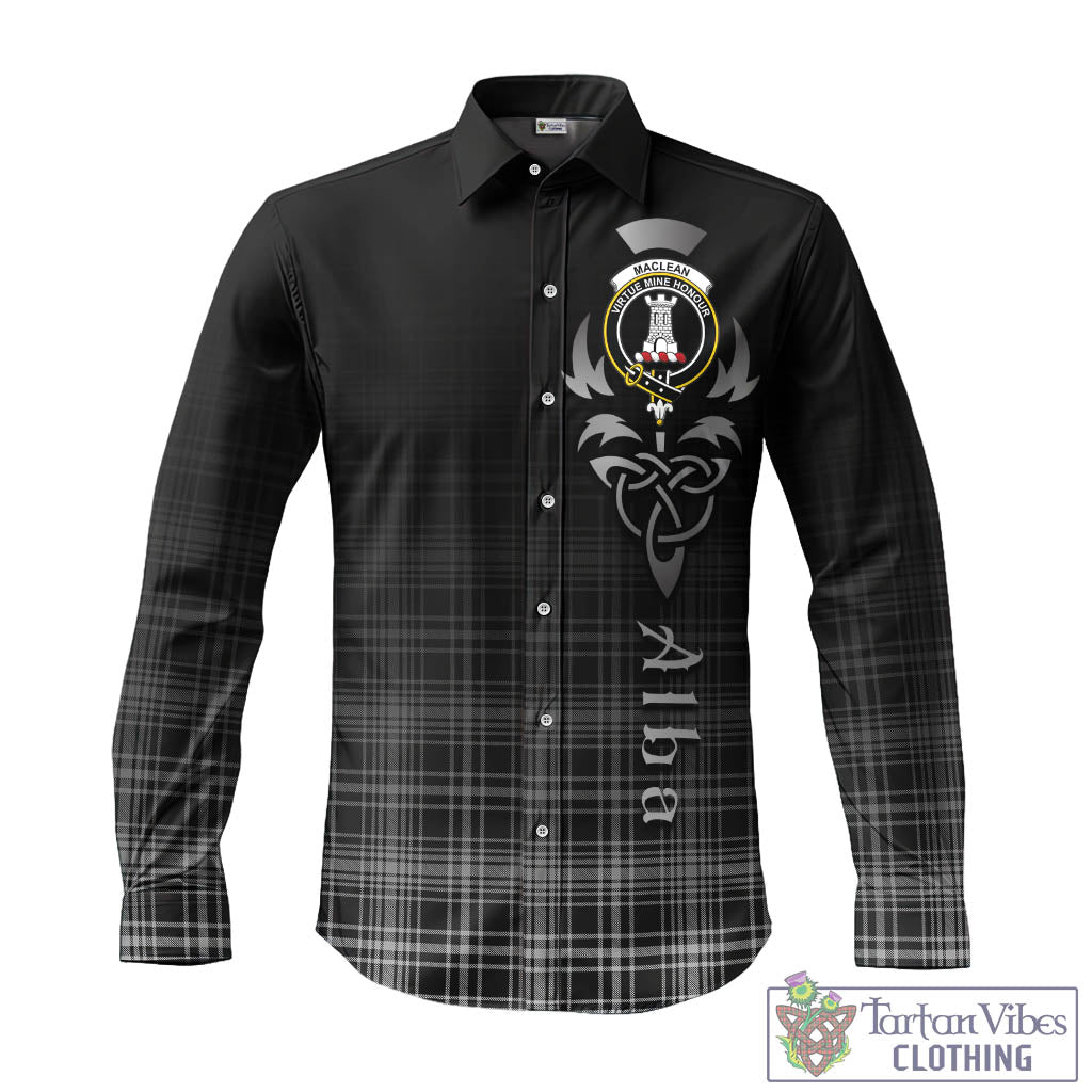 Tartan Vibes Clothing MacLean Black and White Tartan Long Sleeve Button Up Featuring Alba Gu Brath Family Crest Celtic Inspired