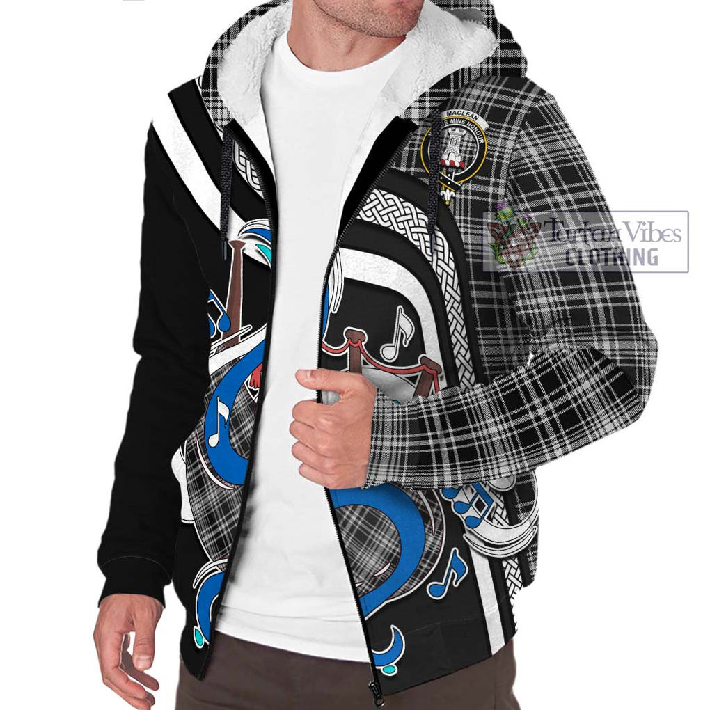 MacLean Black and White Tartan Sherpa Hoodie with Epic Bagpipe Style Unisex - Tartanvibesclothing Shop