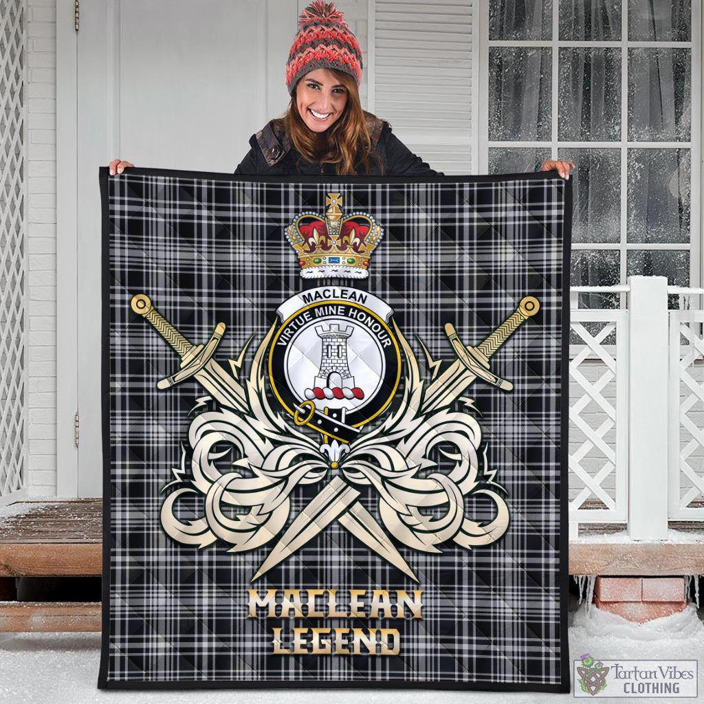 Tartan Vibes Clothing MacLean Black and White Tartan Quilt with Clan Crest and the Golden Sword of Courageous Legacy