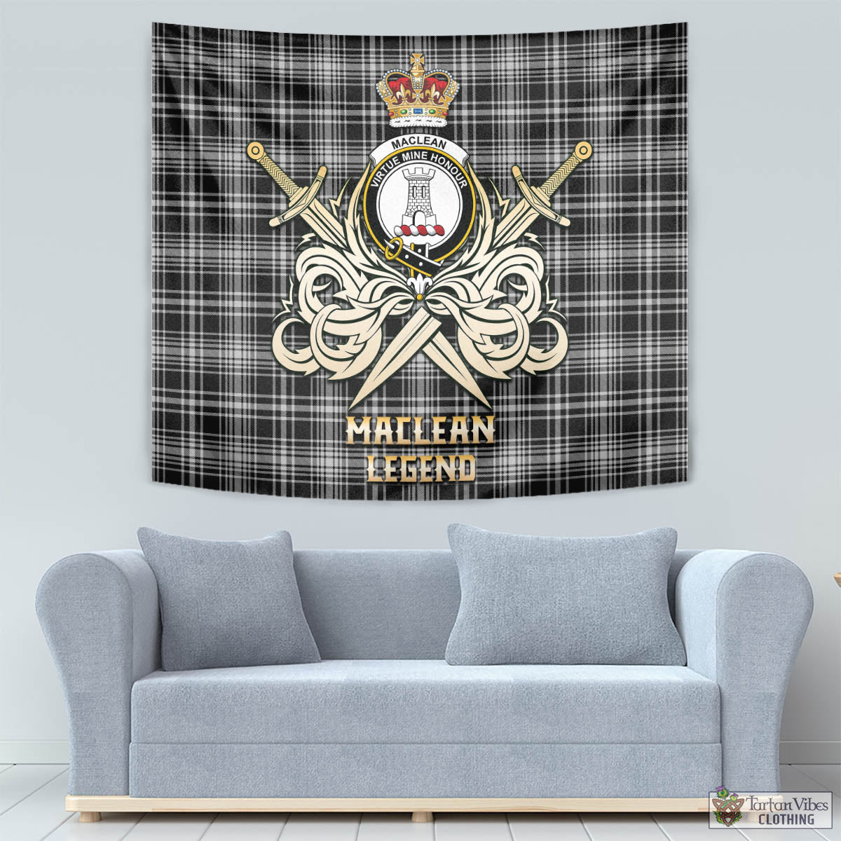 Tartan Vibes Clothing MacLean Black and White Tartan Tapestry with Clan Crest and the Golden Sword of Courageous Legacy