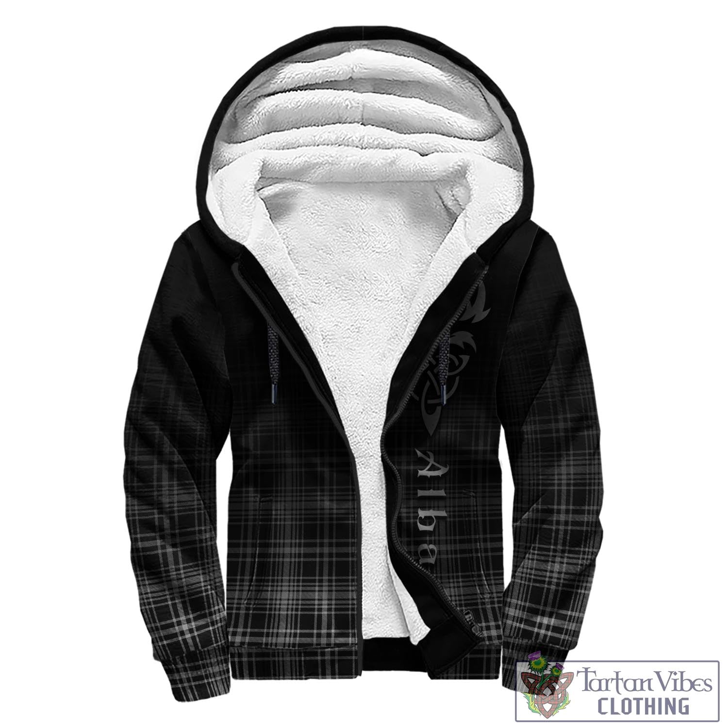 Tartan Vibes Clothing MacLean Black and White Tartan Sherpa Hoodie Featuring Alba Gu Brath Family Crest Celtic Inspired