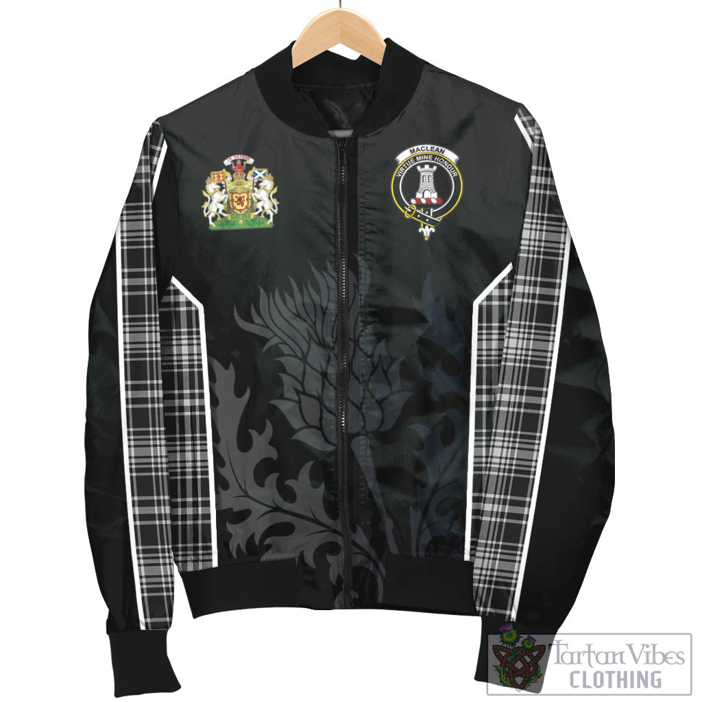 Tartan Vibes Clothing MacLean Black and White Tartan Bomber Jacket with Family Crest and Scottish Thistle Vibes Sport Style