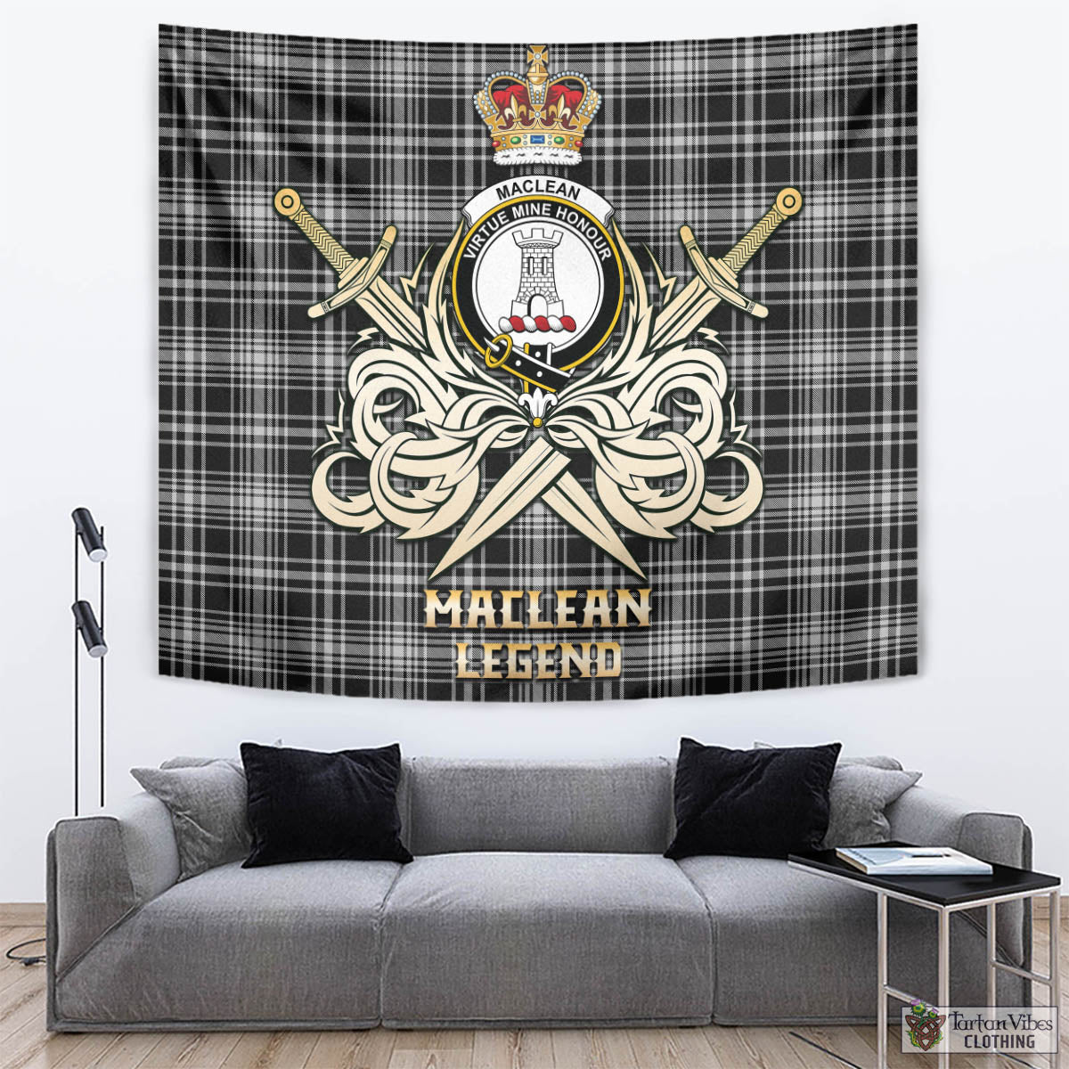 Tartan Vibes Clothing MacLean Black and White Tartan Tapestry with Clan Crest and the Golden Sword of Courageous Legacy