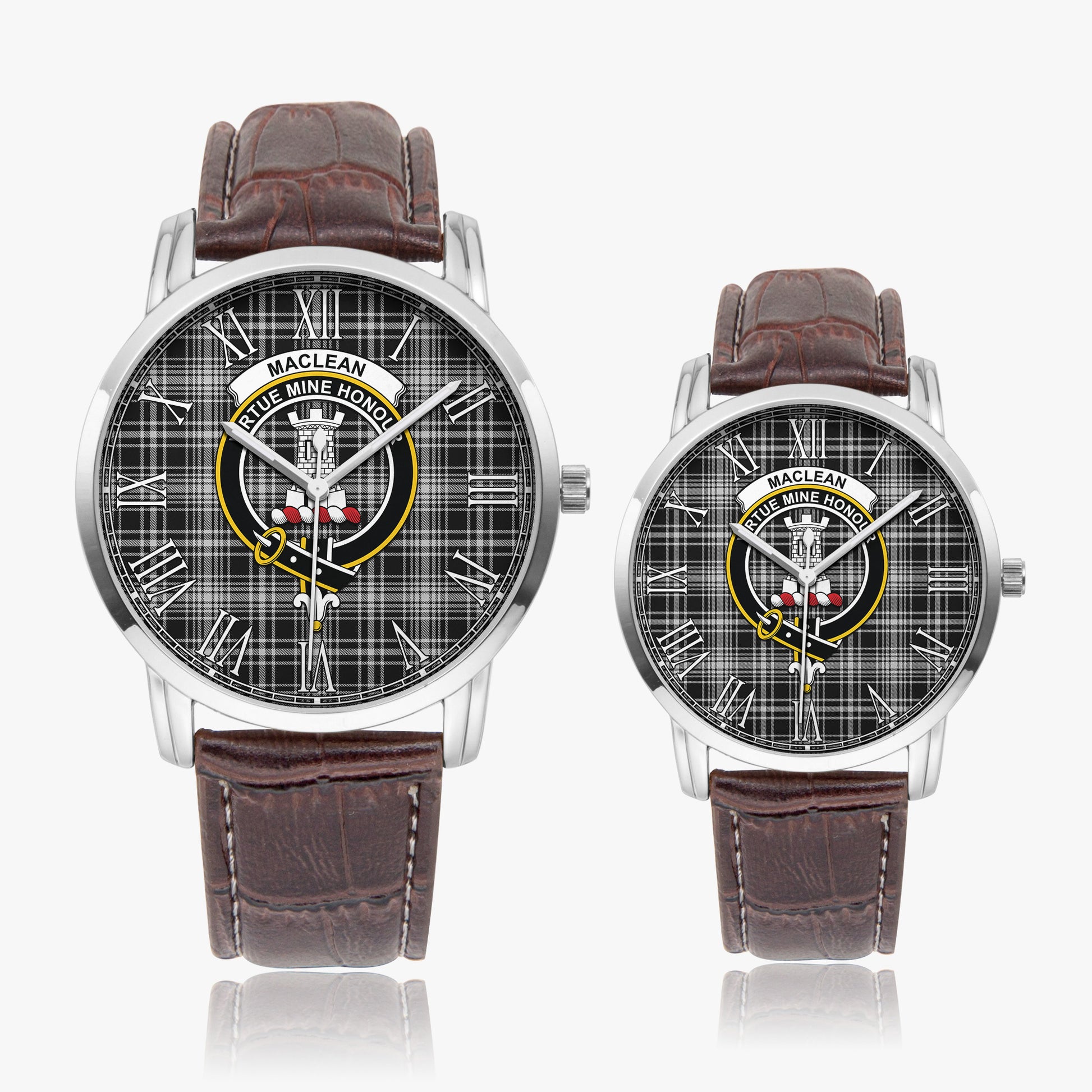 MacLean Black and White Tartan Family Crest Leather Strap Quartz Watch - Tartanvibesclothing