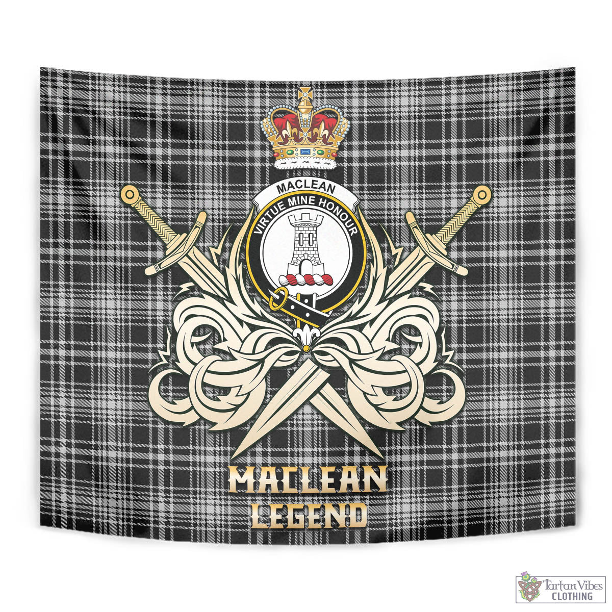 Tartan Vibes Clothing MacLean Black and White Tartan Tapestry with Clan Crest and the Golden Sword of Courageous Legacy