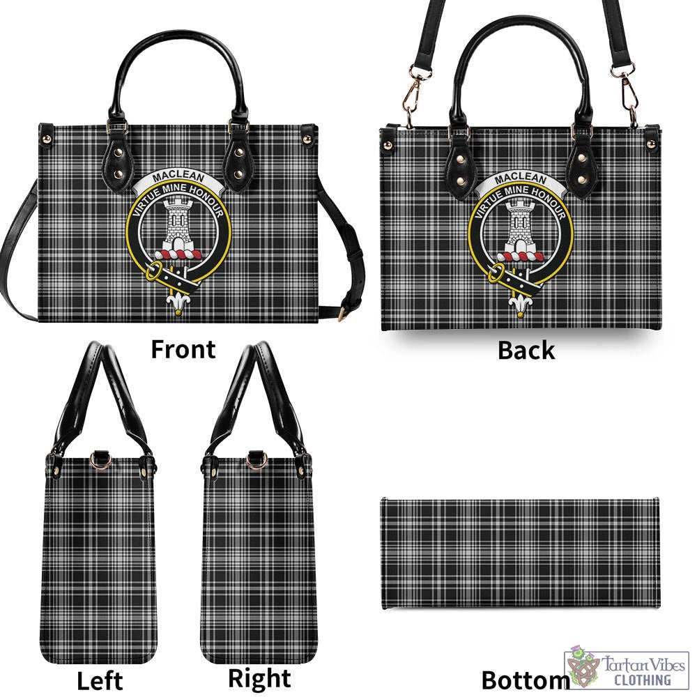 Tartan Vibes Clothing MacLean Black and White Tartan Luxury Leather Handbags with Family Crest