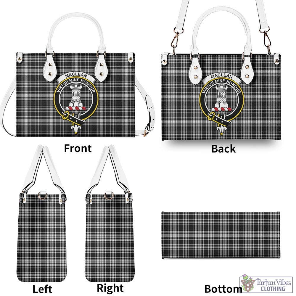 Tartan Vibes Clothing MacLean Black and White Tartan Luxury Leather Handbags with Family Crest