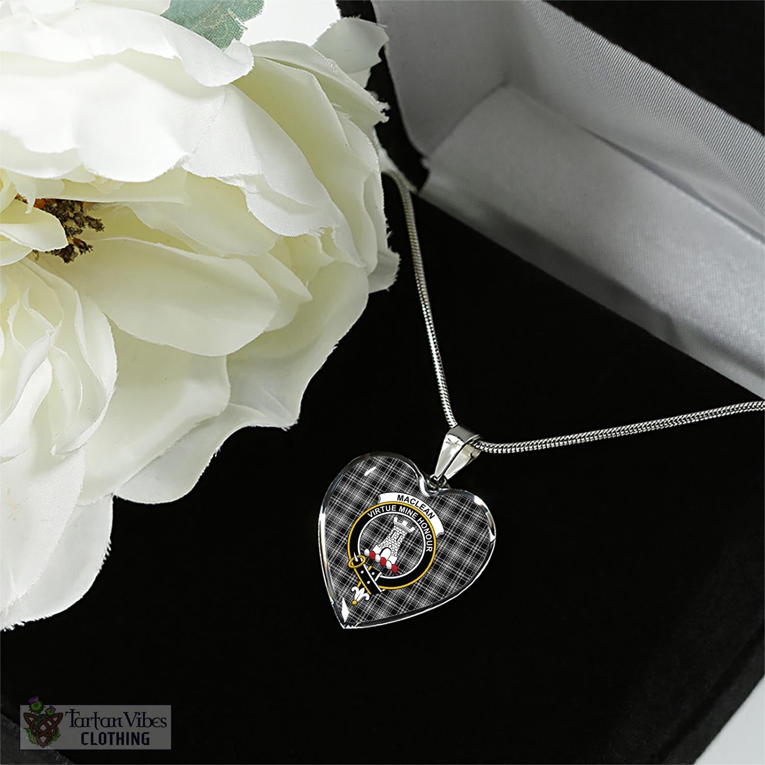 Tartan Vibes Clothing MacLean Black and White Tartan Heart Necklace with Family Crest