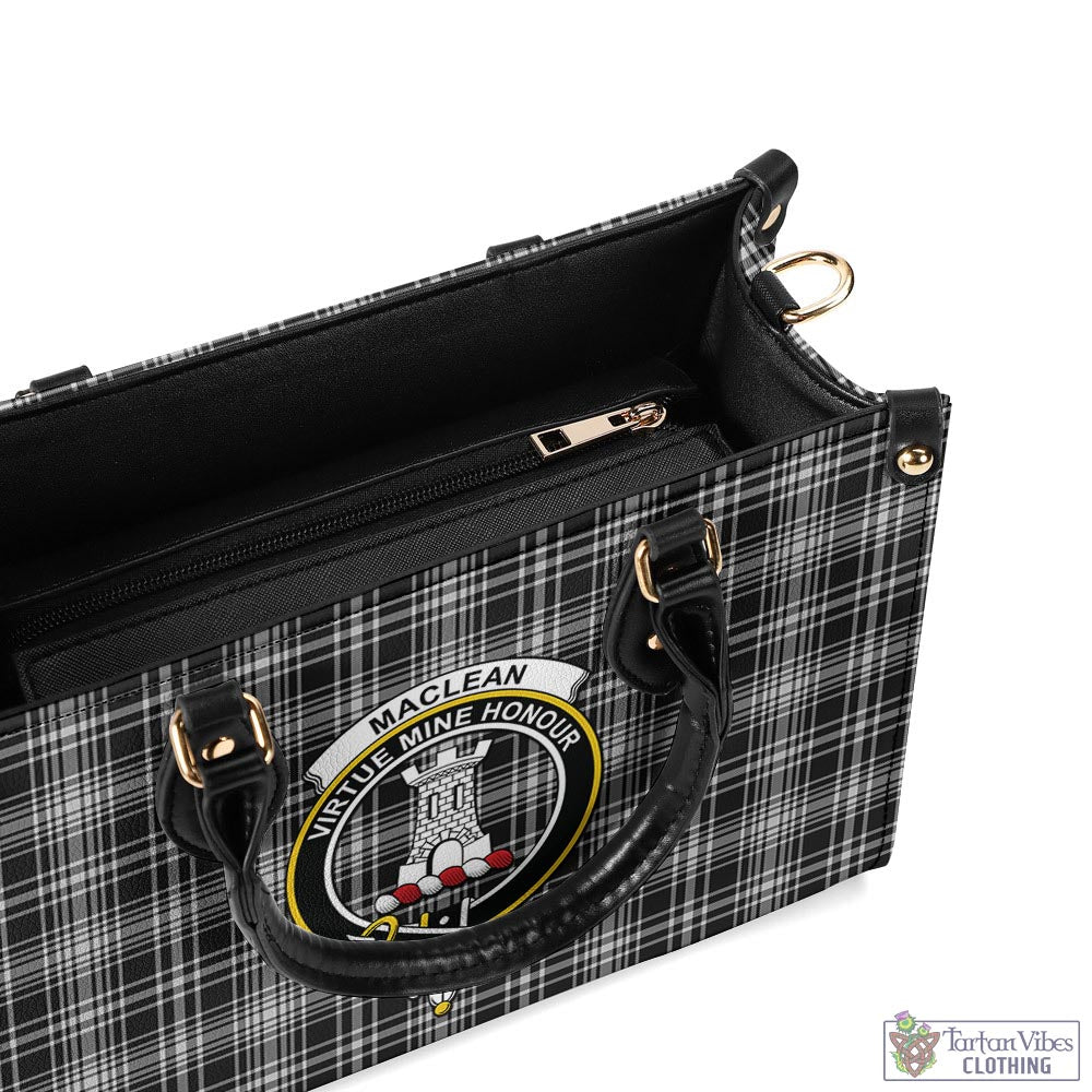 Tartan Vibes Clothing MacLean Black and White Tartan Luxury Leather Handbags with Family Crest