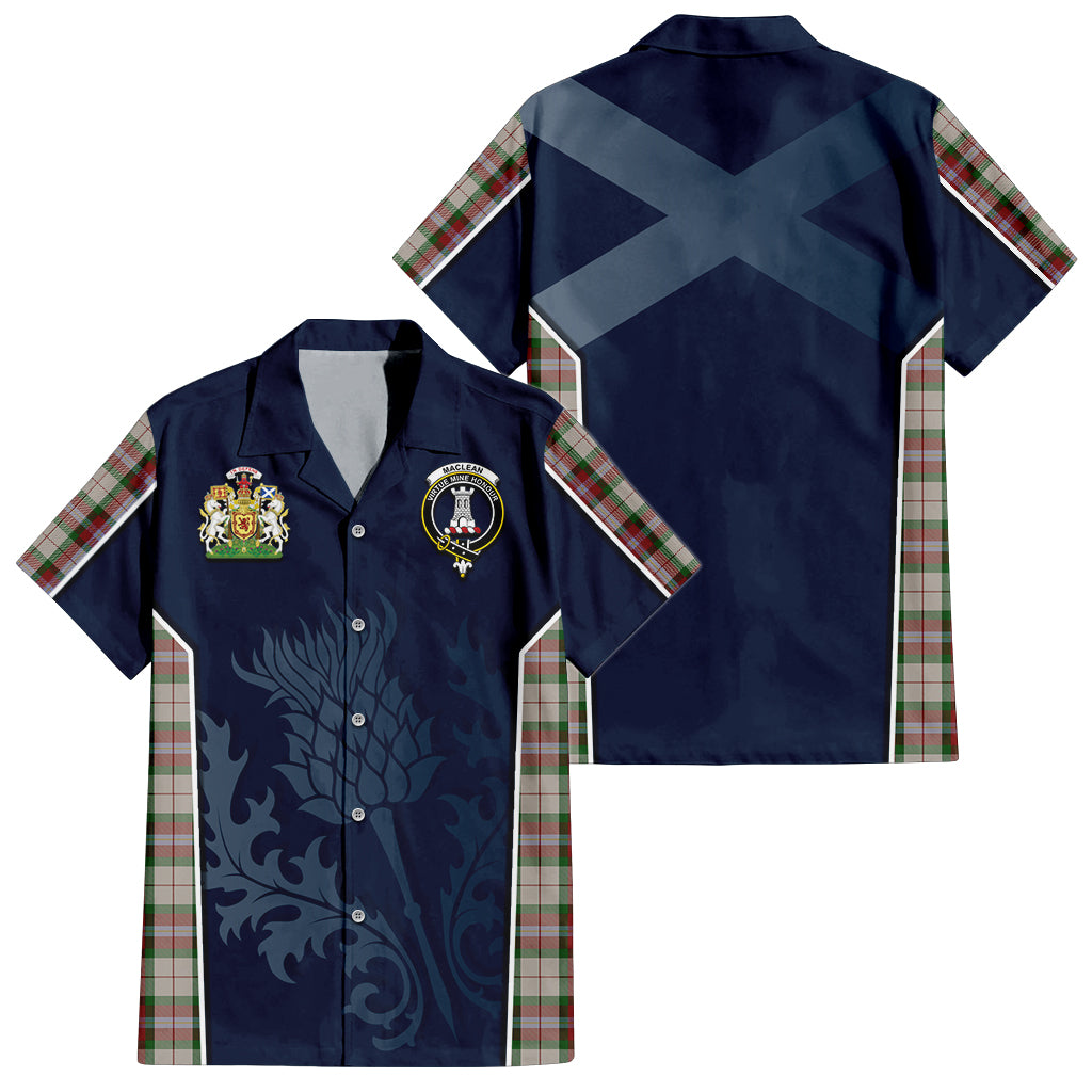 Tartan Vibes Clothing MacLean Dress Tartan Short Sleeve Button Up Shirt with Family Crest and Scottish Thistle Vibes Sport Style