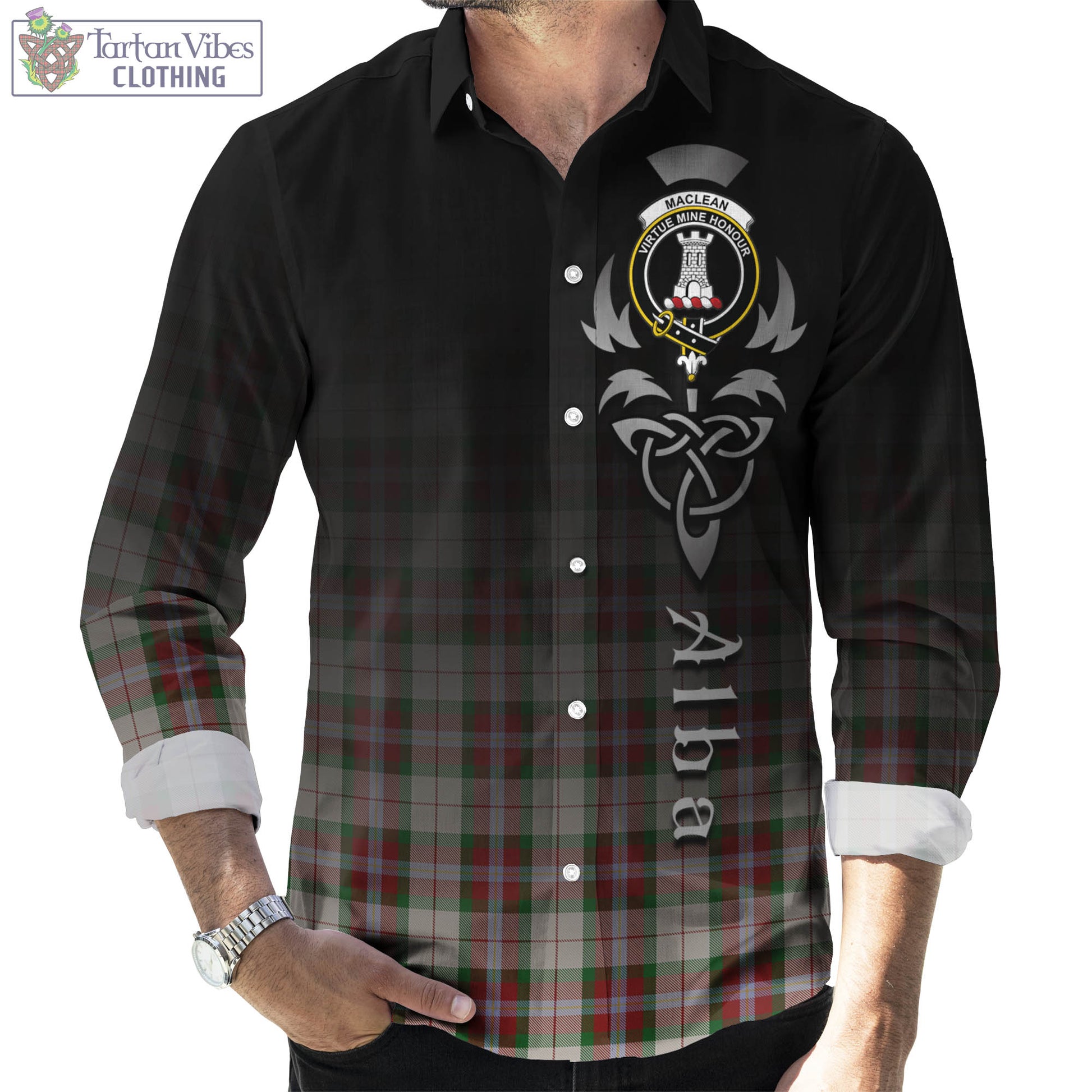 Tartan Vibes Clothing MacLean Dress Tartan Long Sleeve Button Up Featuring Alba Gu Brath Family Crest Celtic Inspired