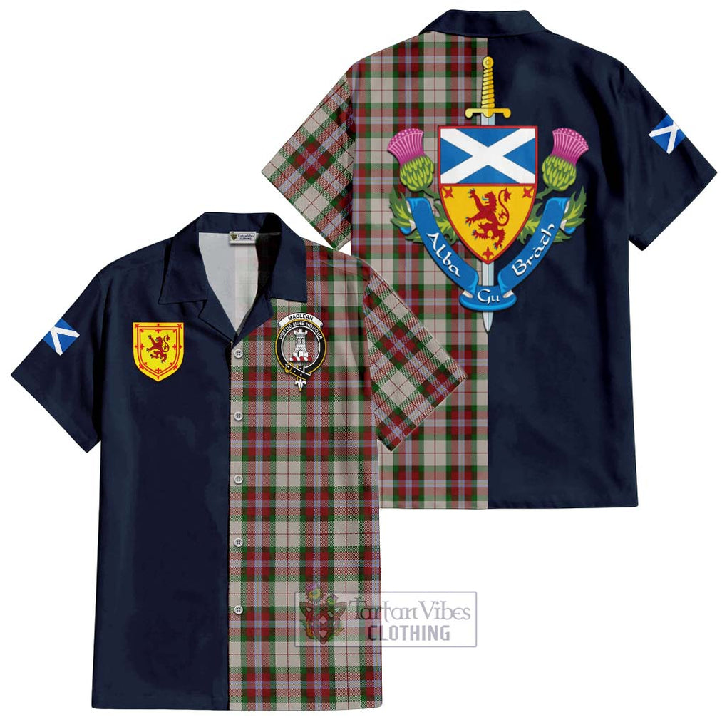 Tartan Vibes Clothing MacLean Dress Tartan Short Sleeve Button Shirt with Scottish Lion Royal Arm Half Style