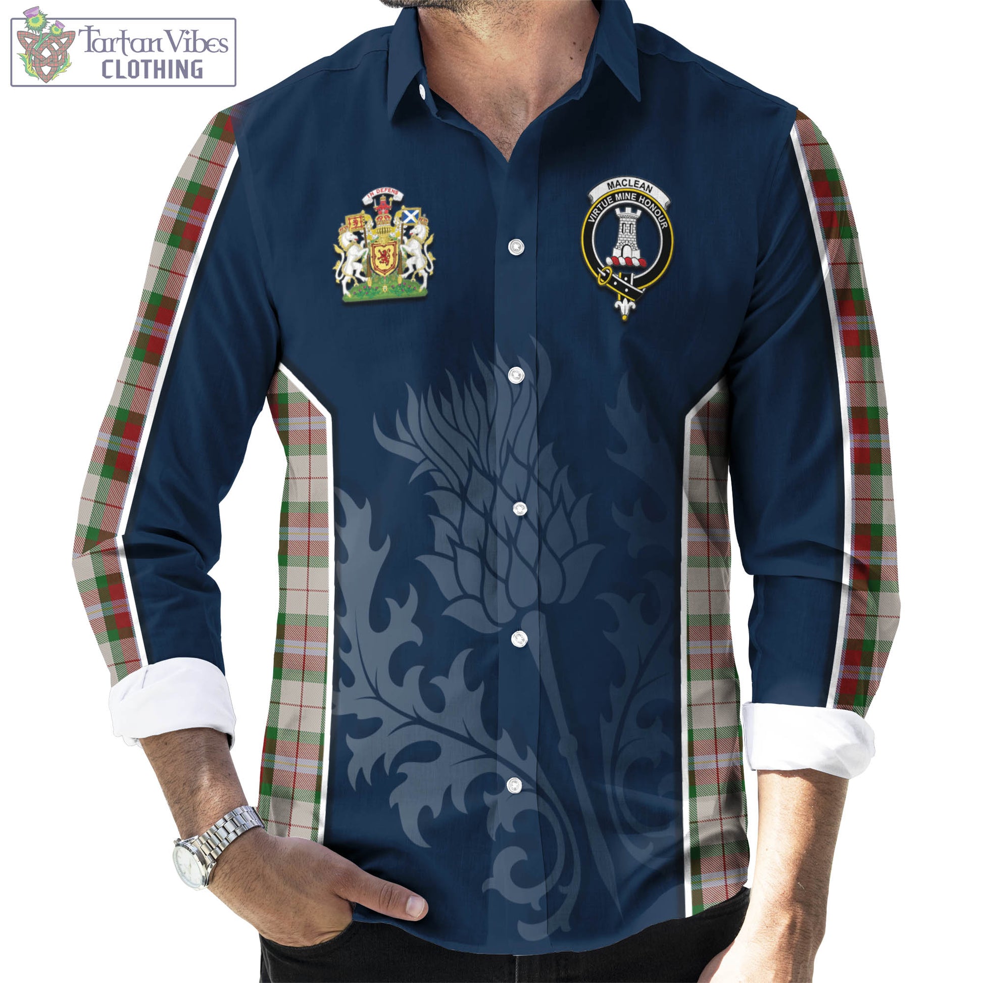 Tartan Vibes Clothing MacLean Dress Tartan Long Sleeve Button Up Shirt with Family Crest and Scottish Thistle Vibes Sport Style