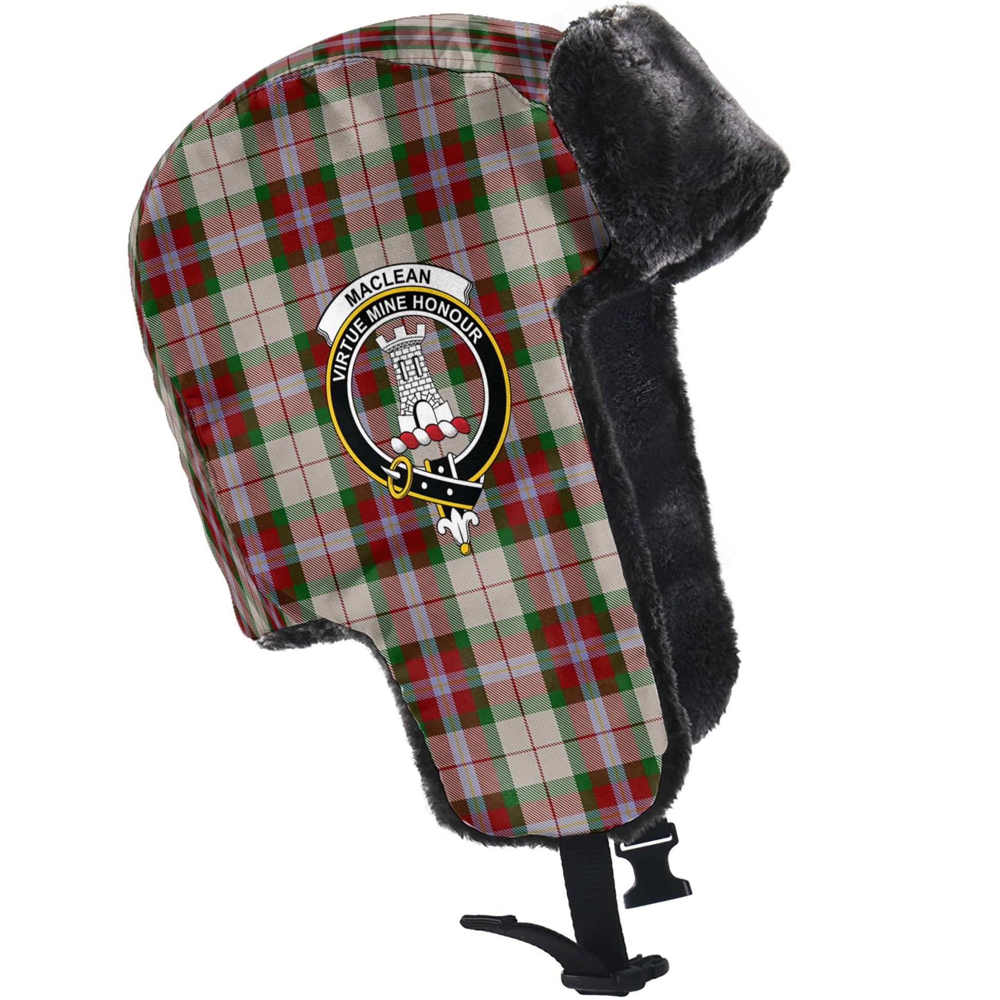 MacLean Dress Tartan Winter Trapper Hat with Family Crest - Tartanvibesclothing