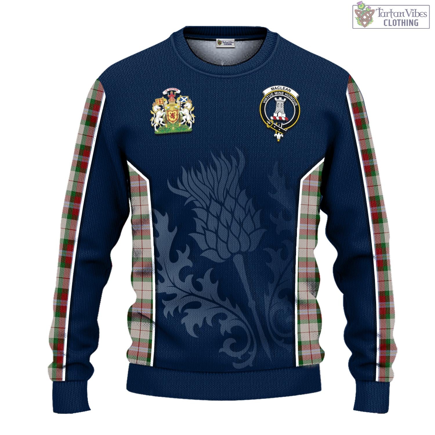 Tartan Vibes Clothing MacLean Dress Tartan Knitted Sweatshirt with Family Crest and Scottish Thistle Vibes Sport Style