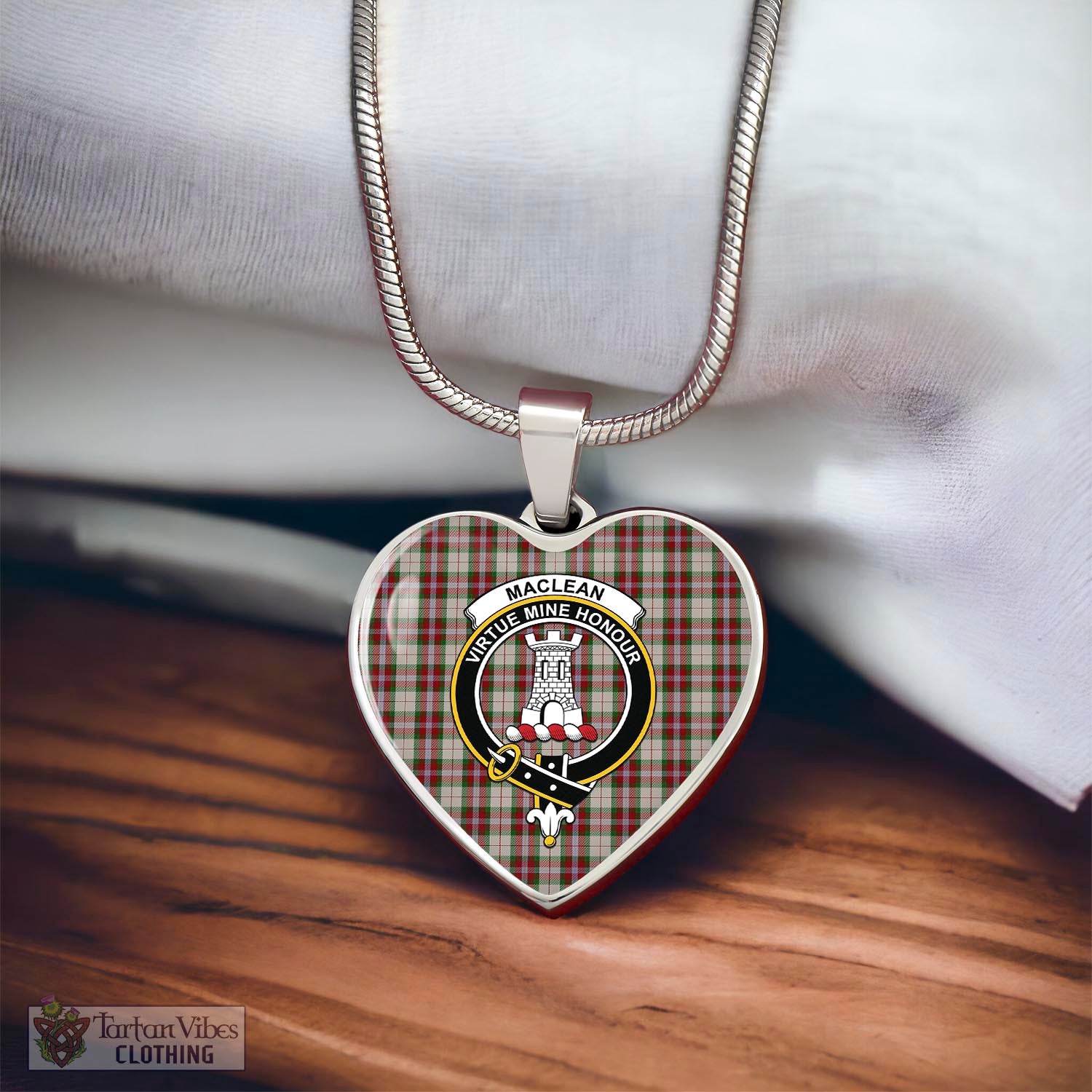 Tartan Vibes Clothing MacLean Dress Tartan Heart Necklace with Family Crest