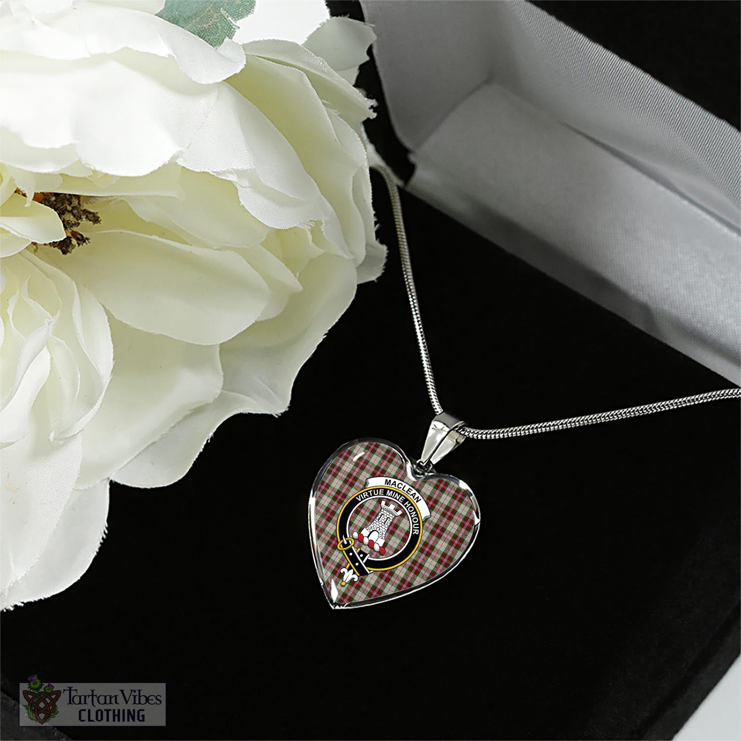 Tartan Vibes Clothing MacLean Dress Tartan Heart Necklace with Family Crest