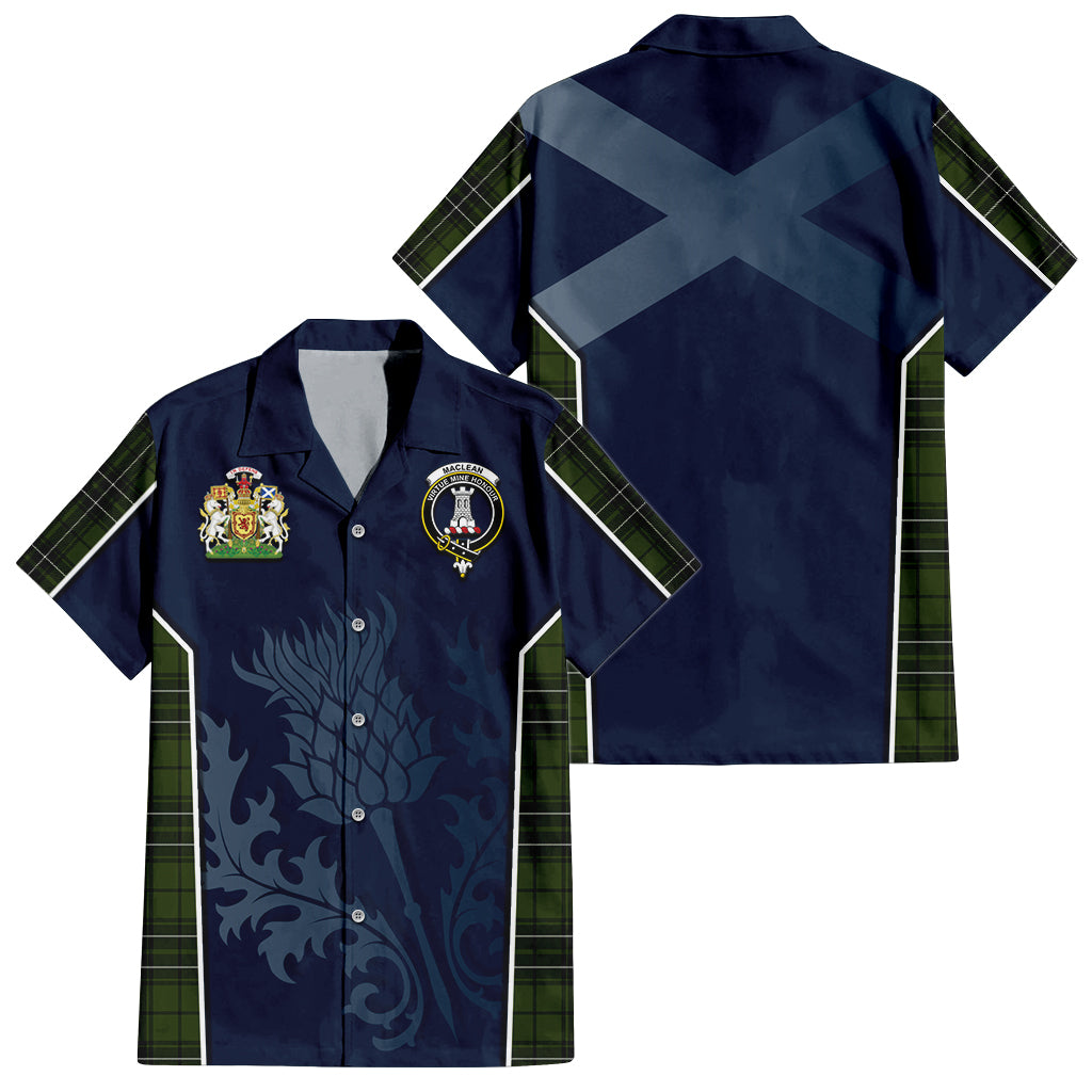 Tartan Vibes Clothing MacLean Hunting Tartan Short Sleeve Button Up Shirt with Family Crest and Scottish Thistle Vibes Sport Style