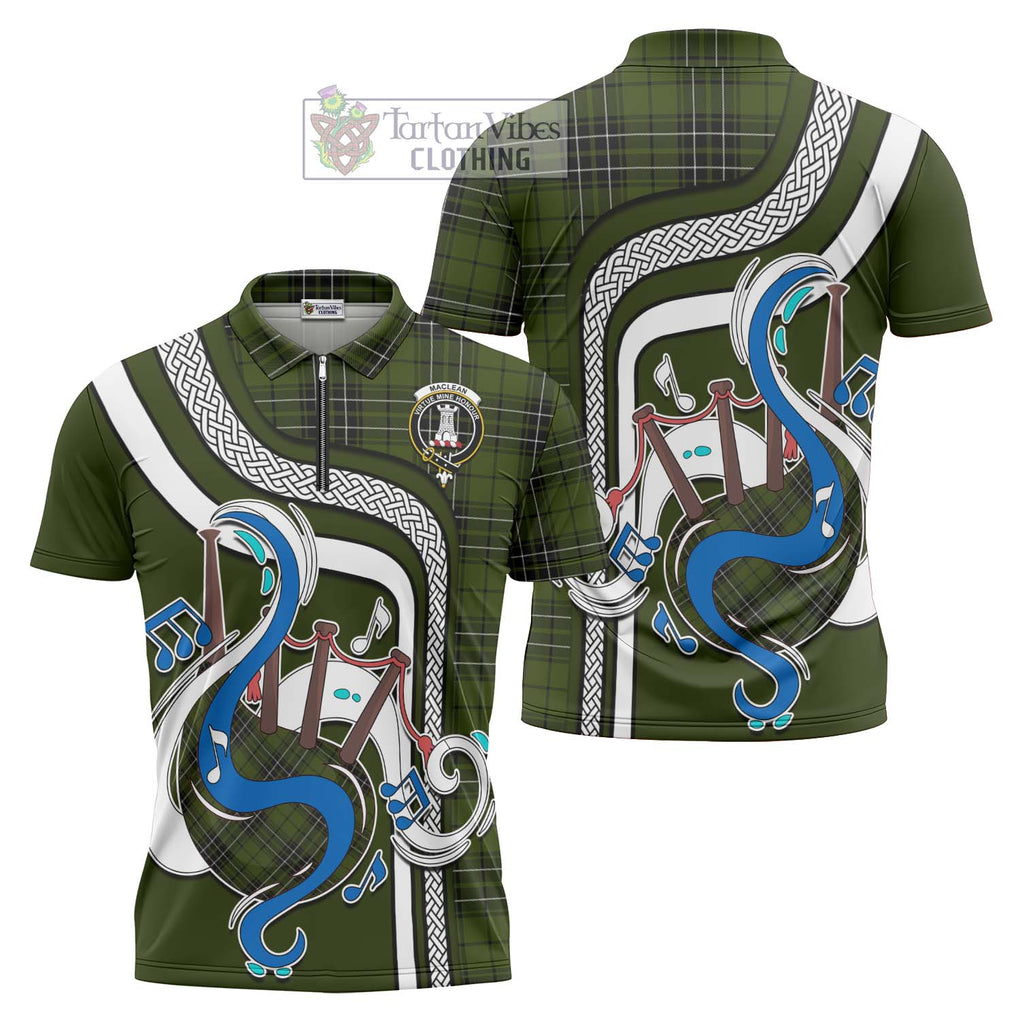 MacLean Hunting Tartan Zipper Polo Shirt with Epic Bagpipe Style Unisex - Tartanvibesclothing Shop