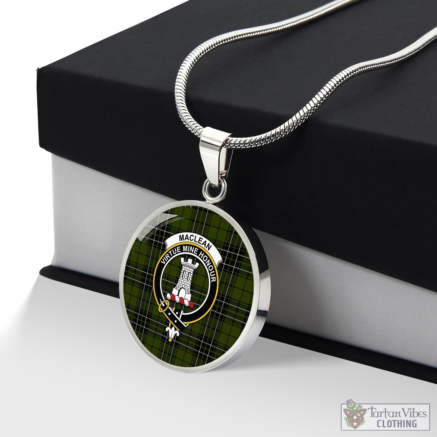 Tartan Vibes Clothing MacLean Hunting Tartan Circle Necklace with Family Crest