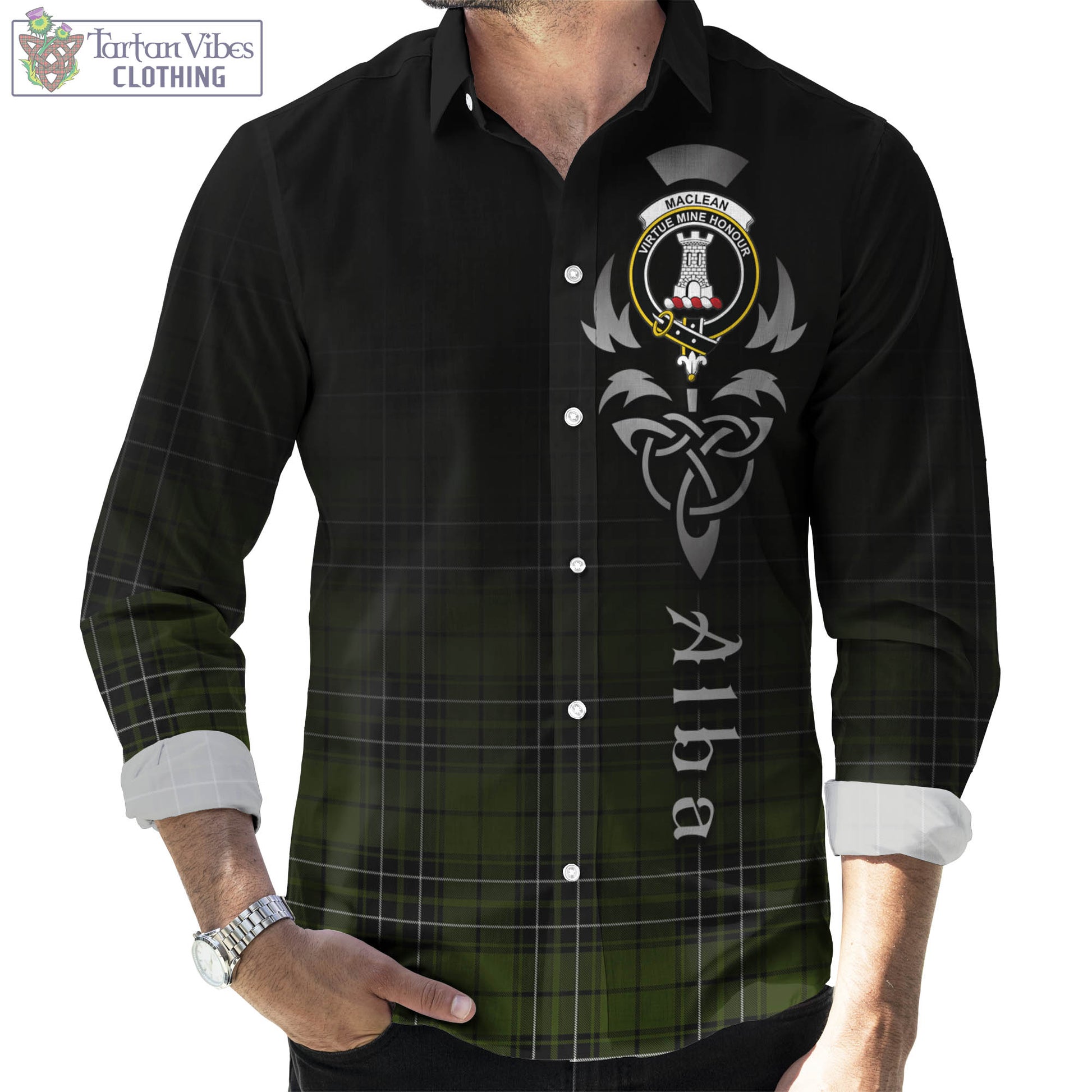 Tartan Vibes Clothing MacLean Hunting Tartan Long Sleeve Button Up Featuring Alba Gu Brath Family Crest Celtic Inspired