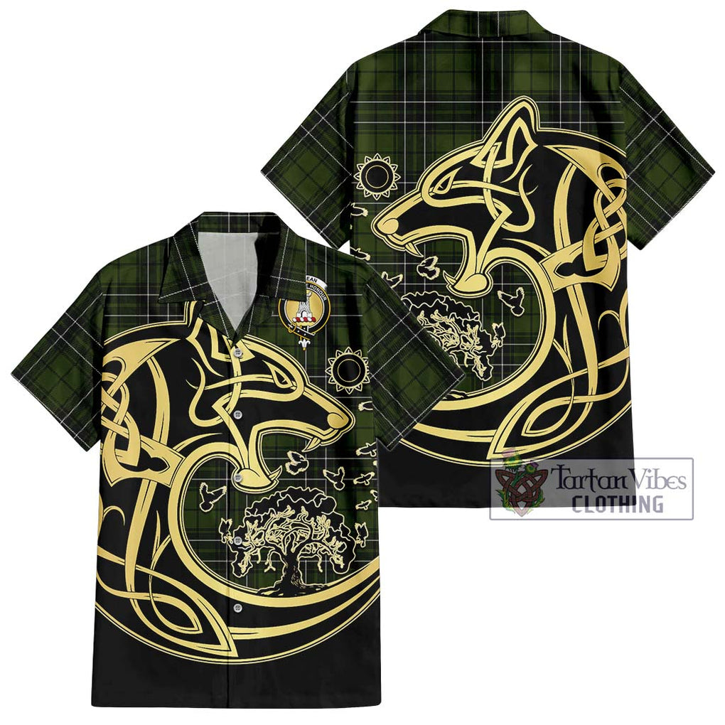 MacLean Hunting Tartan Short Sleeve Button Shirt with Family Crest Celtic Wolf Style Kid - Tartan Vibes Clothing