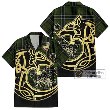 MacLean Hunting Tartan Short Sleeve Button Shirt with Family Crest Celtic Wolf Style